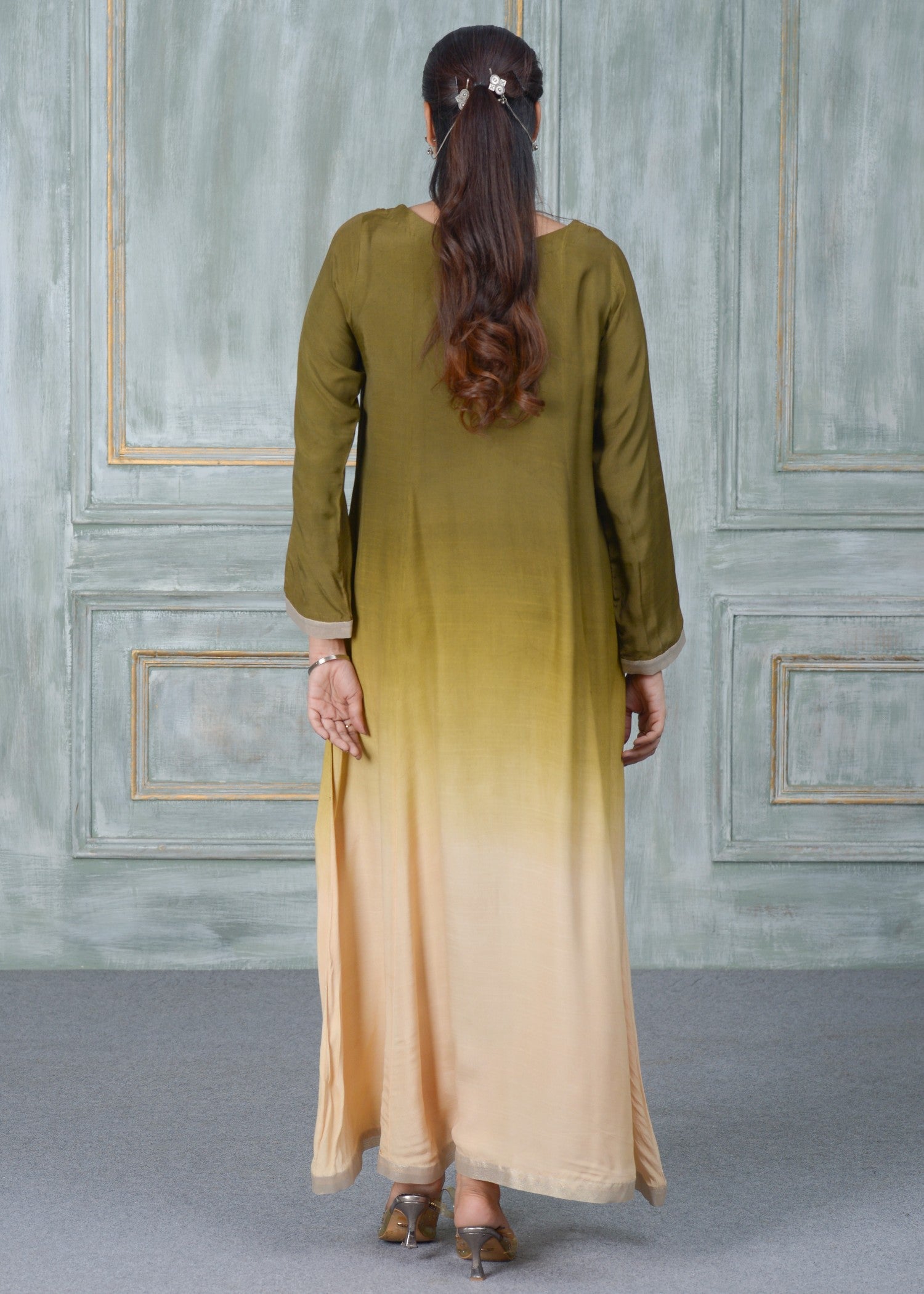 raw silk Maxi in Olive green