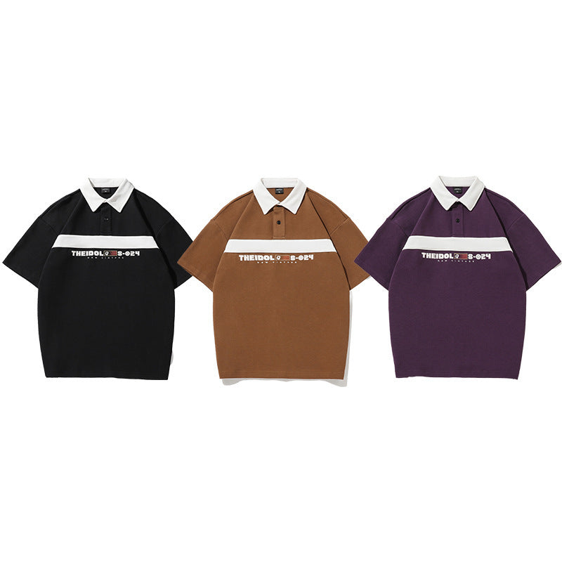 Vintage Stripe Stitching Contrast Color Loose Fashion Brand Lapel T-shirt