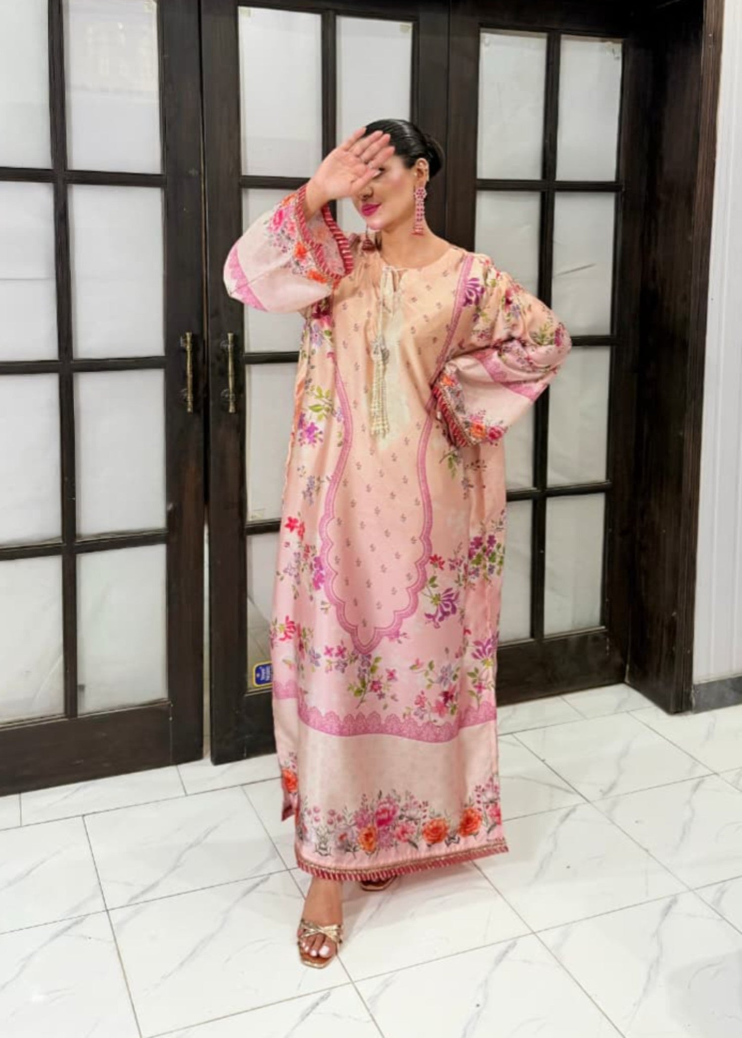 silk charmeuse Kaftan in Peach pink