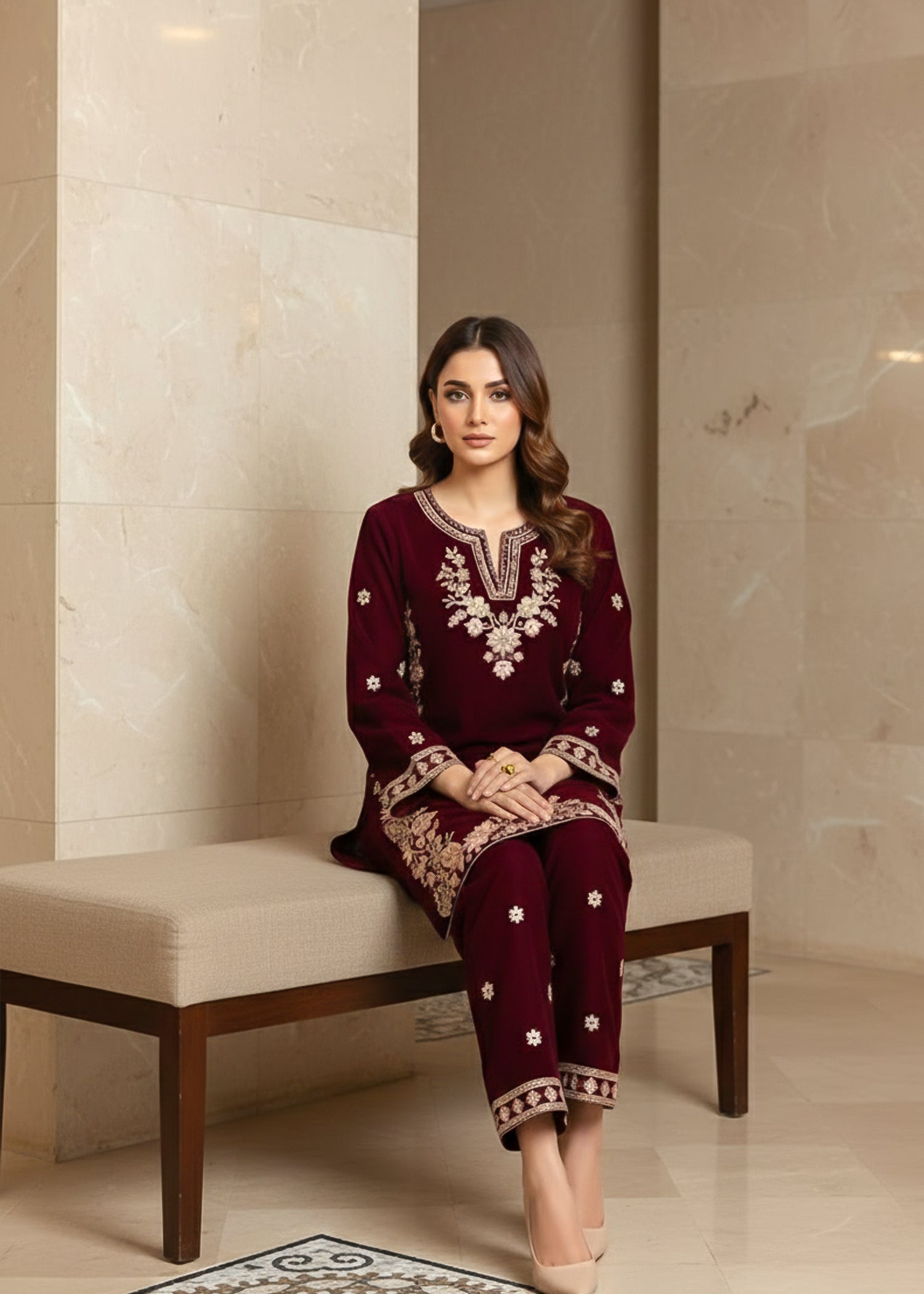 chinese micro velvet 9000 Kurta Set in Maroon