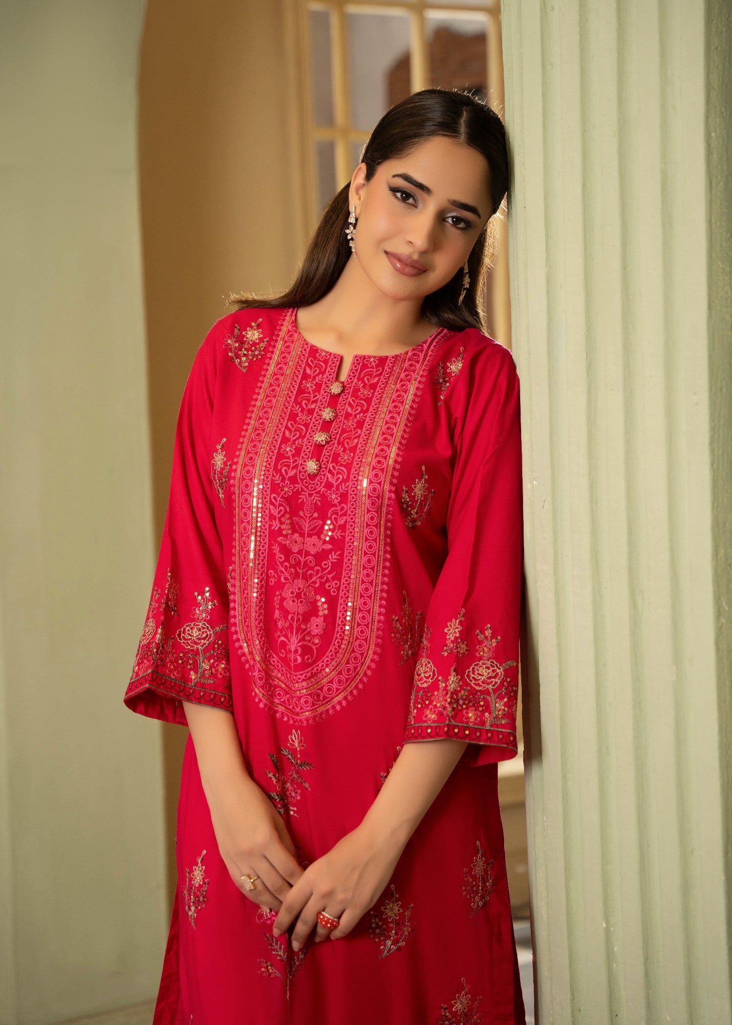 lawn cotton Kurta Set in Raspberry pink