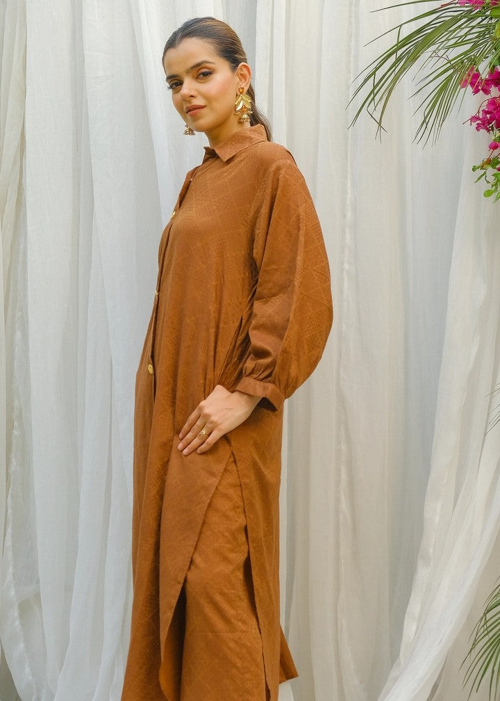 jacquard Kurta Set in Brown