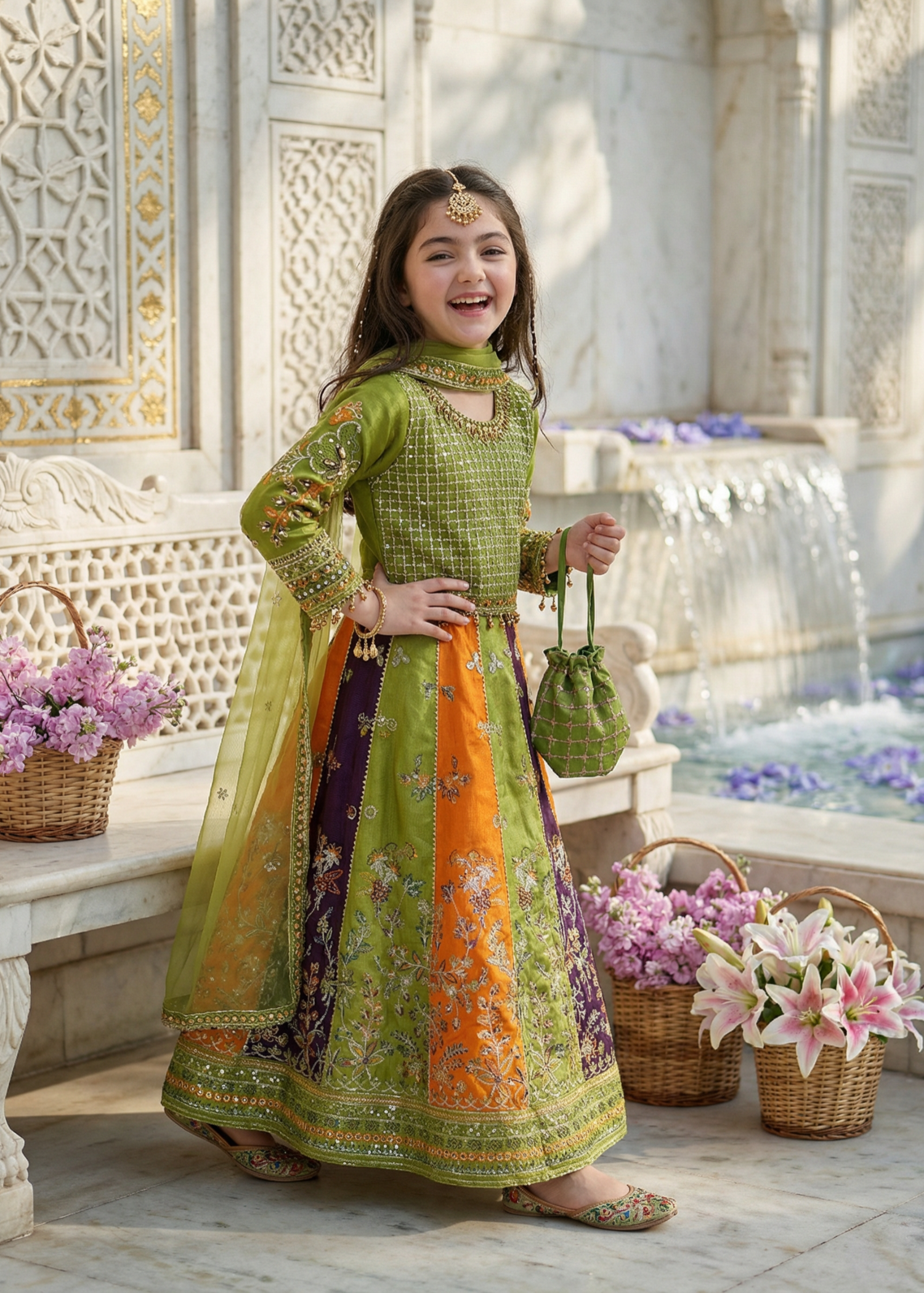 raw silk Lehenga in Olive green, multi