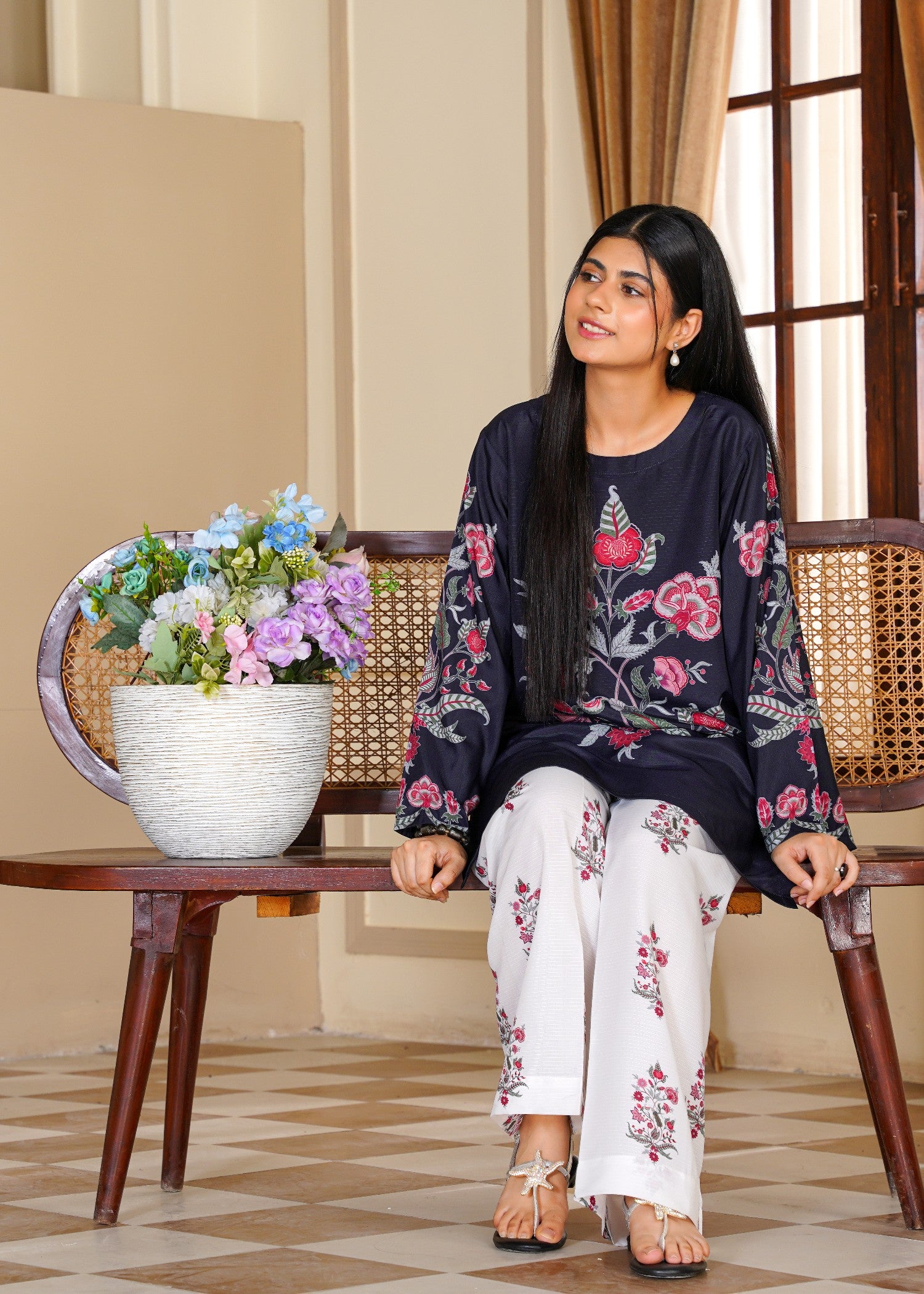 slub cambric Kurta Set in White