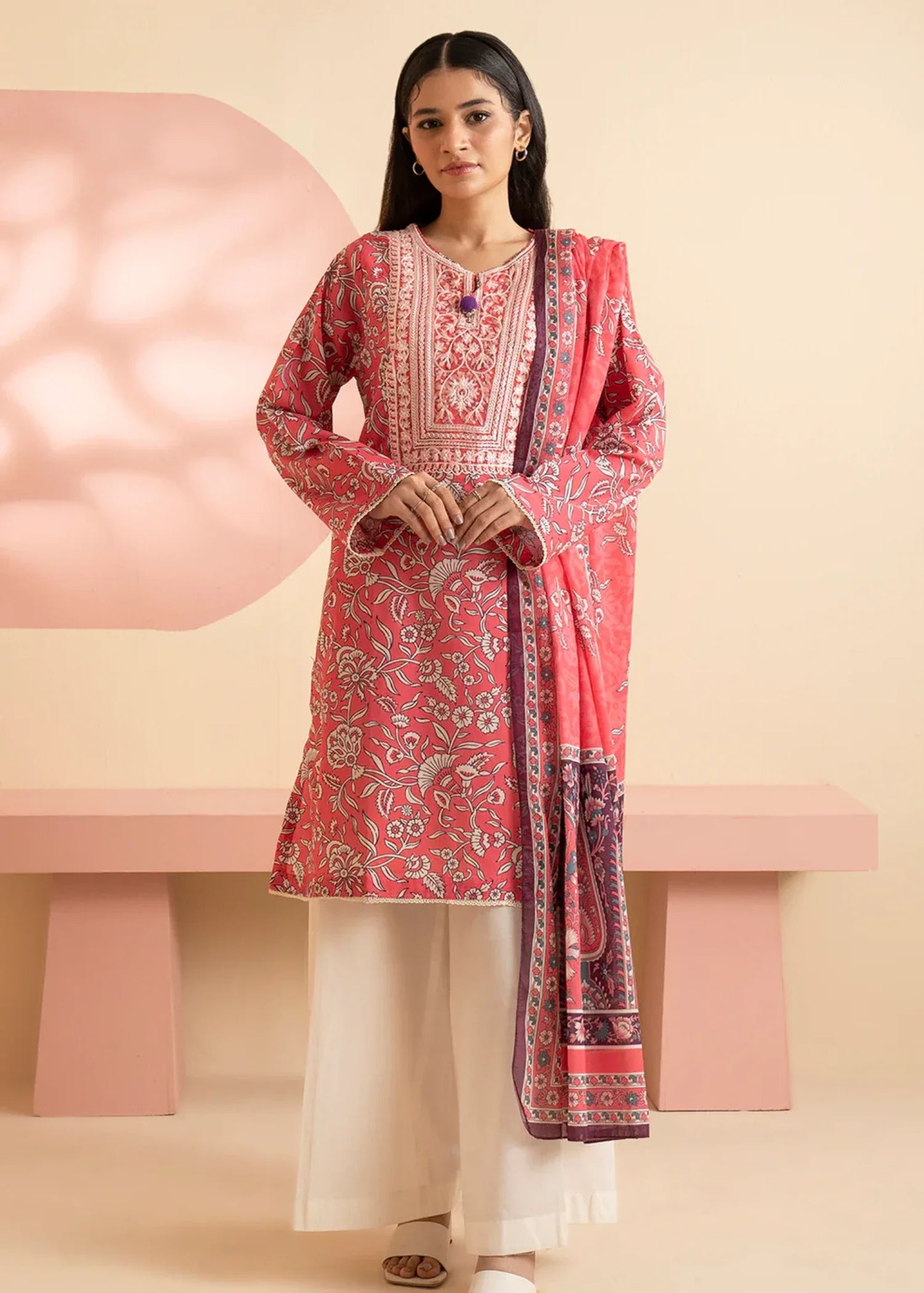 cambric Kurta Set in Coral red