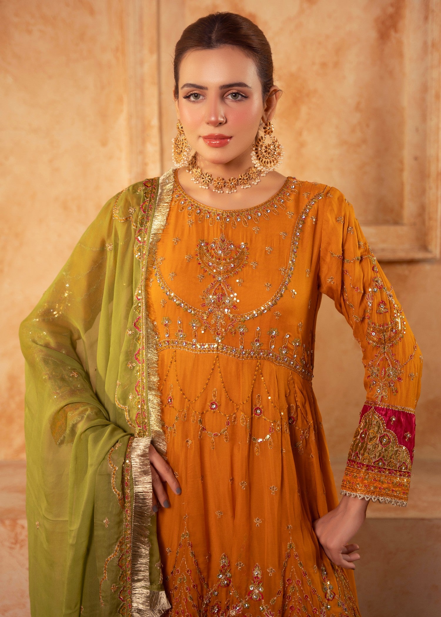 chiffon Pishwas in Yellow ochre