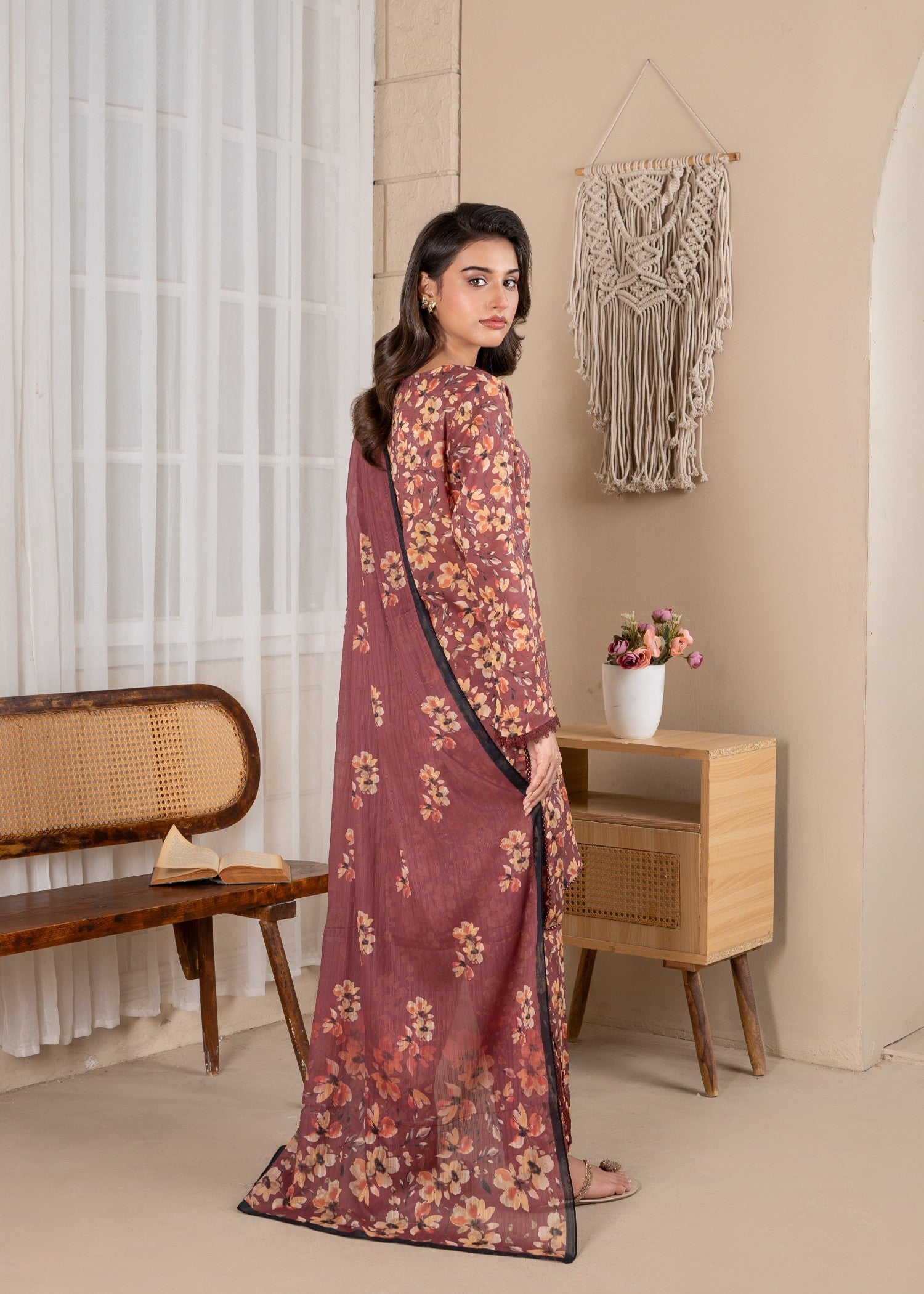 textured lawn Kurta Set in Copper red