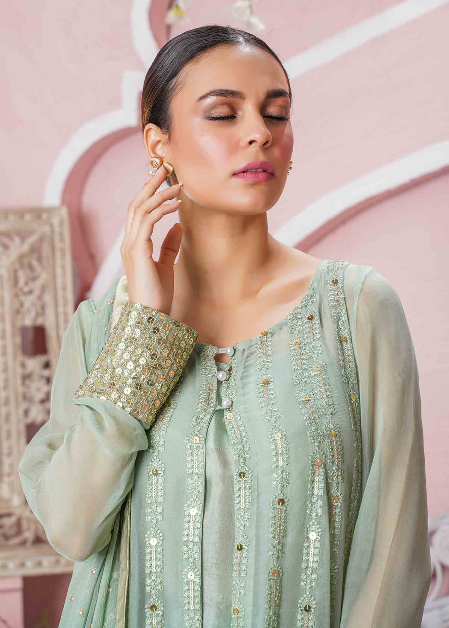chikankari cotton Gown in Mint green