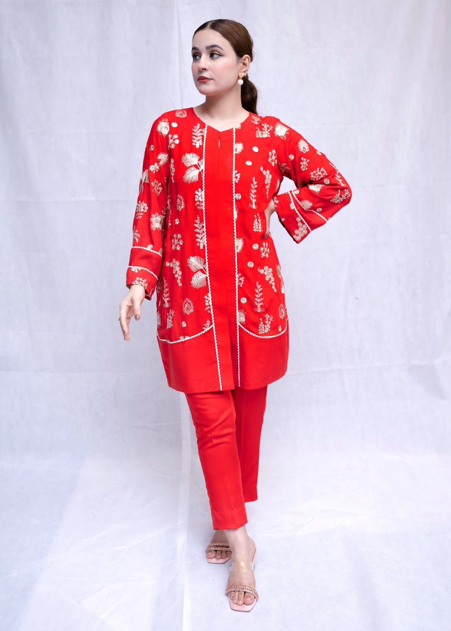 linen Kurta Set in Tomato red