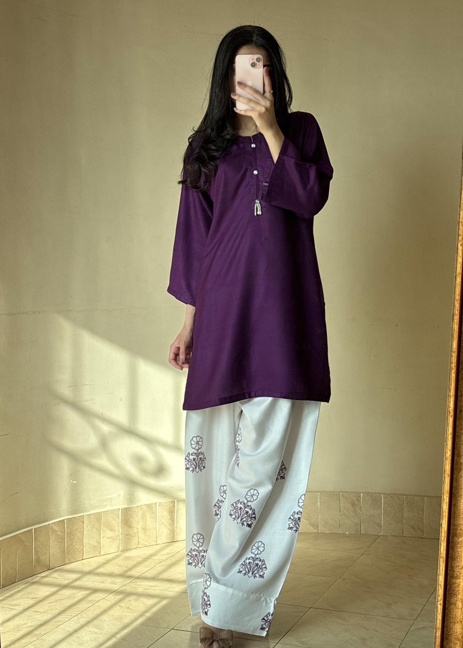linen Kurta Set in White, purple