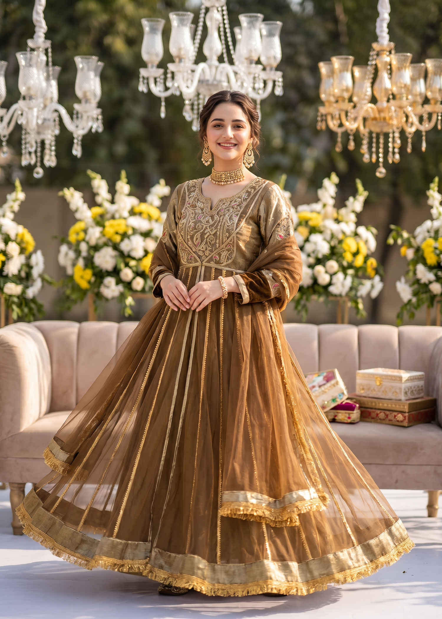 zari net Pishwas in Golden brown