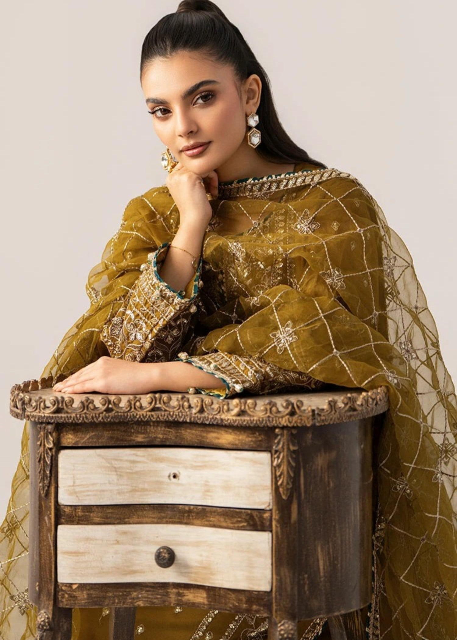 blended satin Kurta Set in Olive green, yellow green