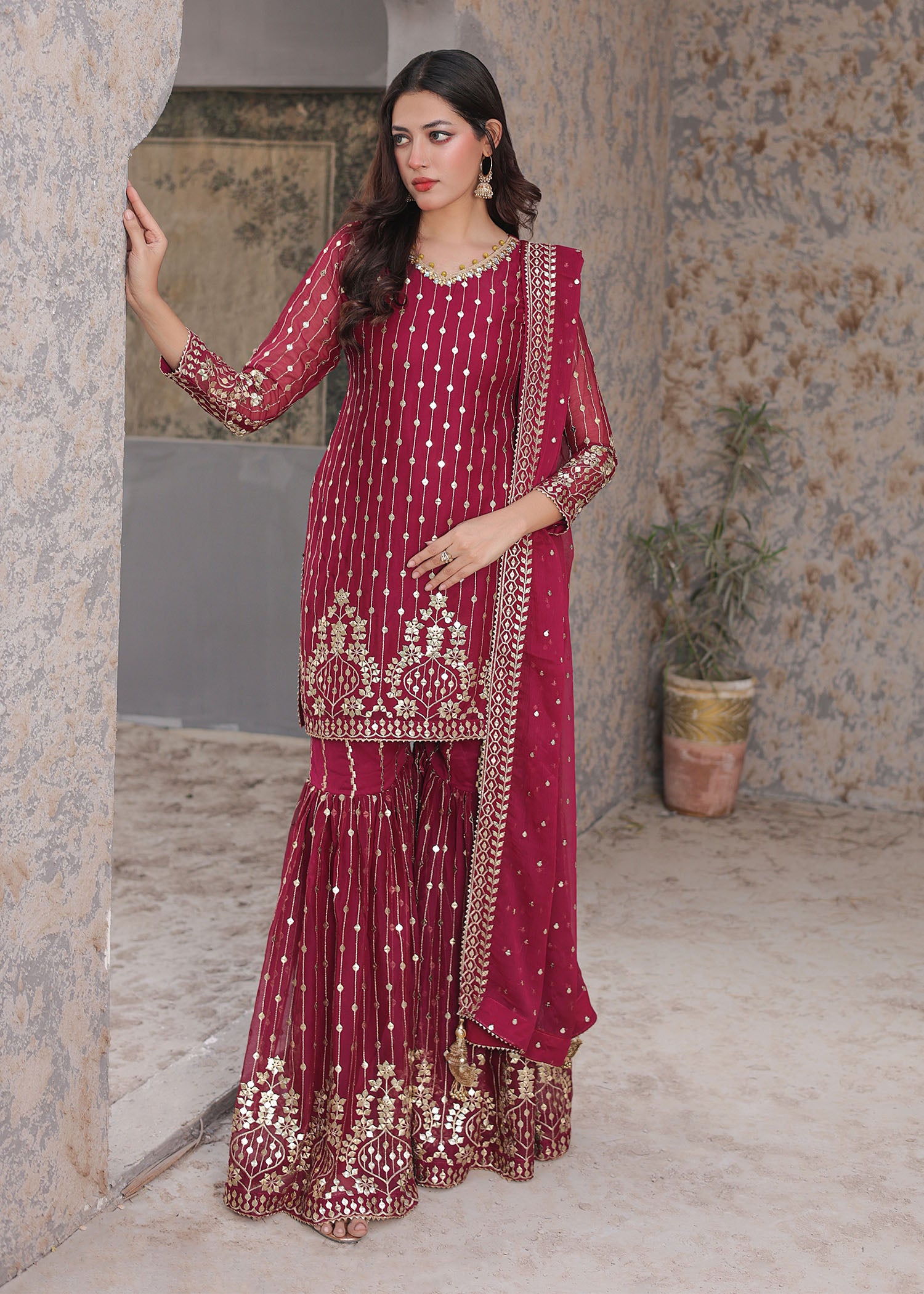 chiffon Gharara in Maroon