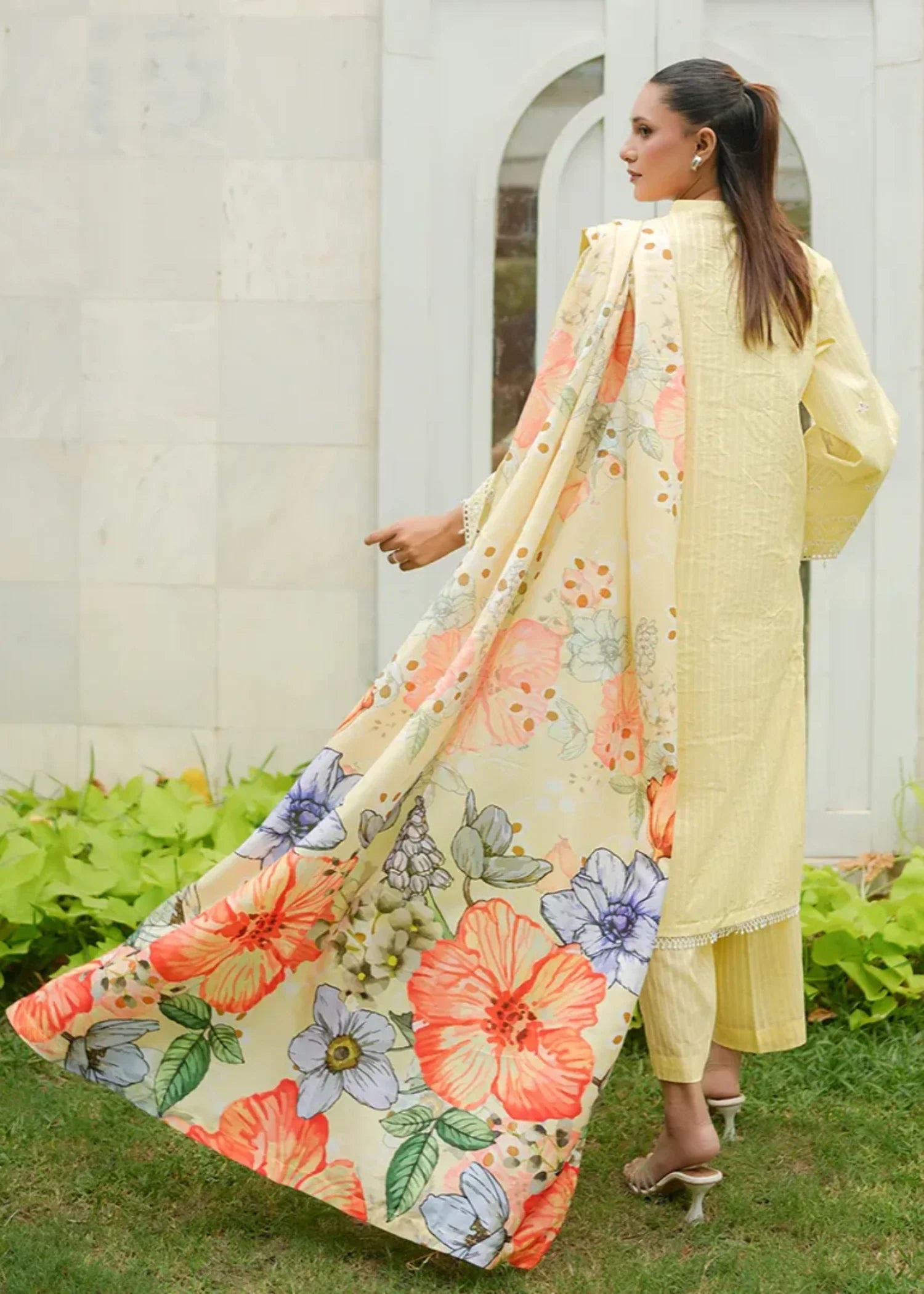 textured lawn Kurta Set in Yellow