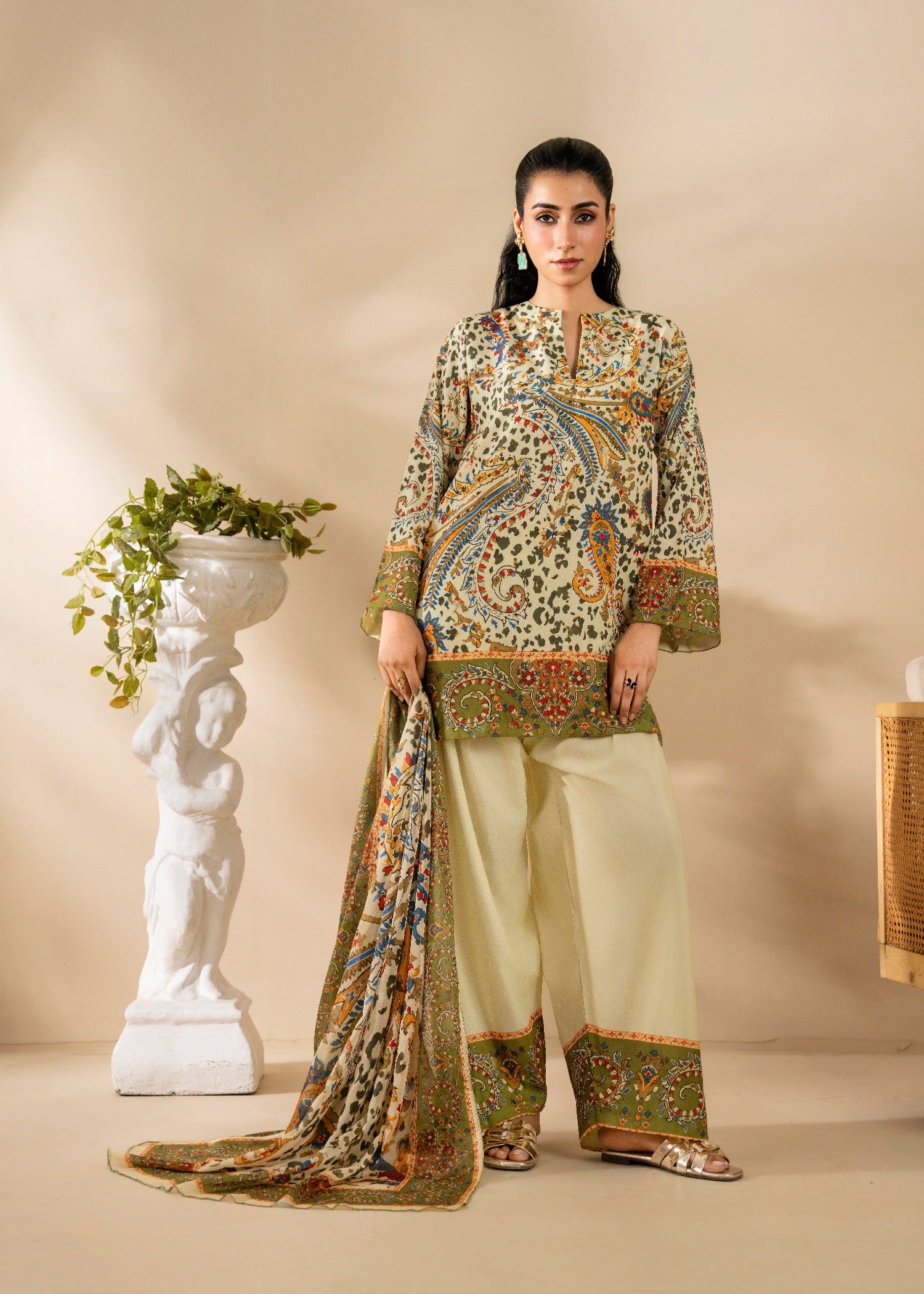 poly lawn Kurta Set in Light yellow