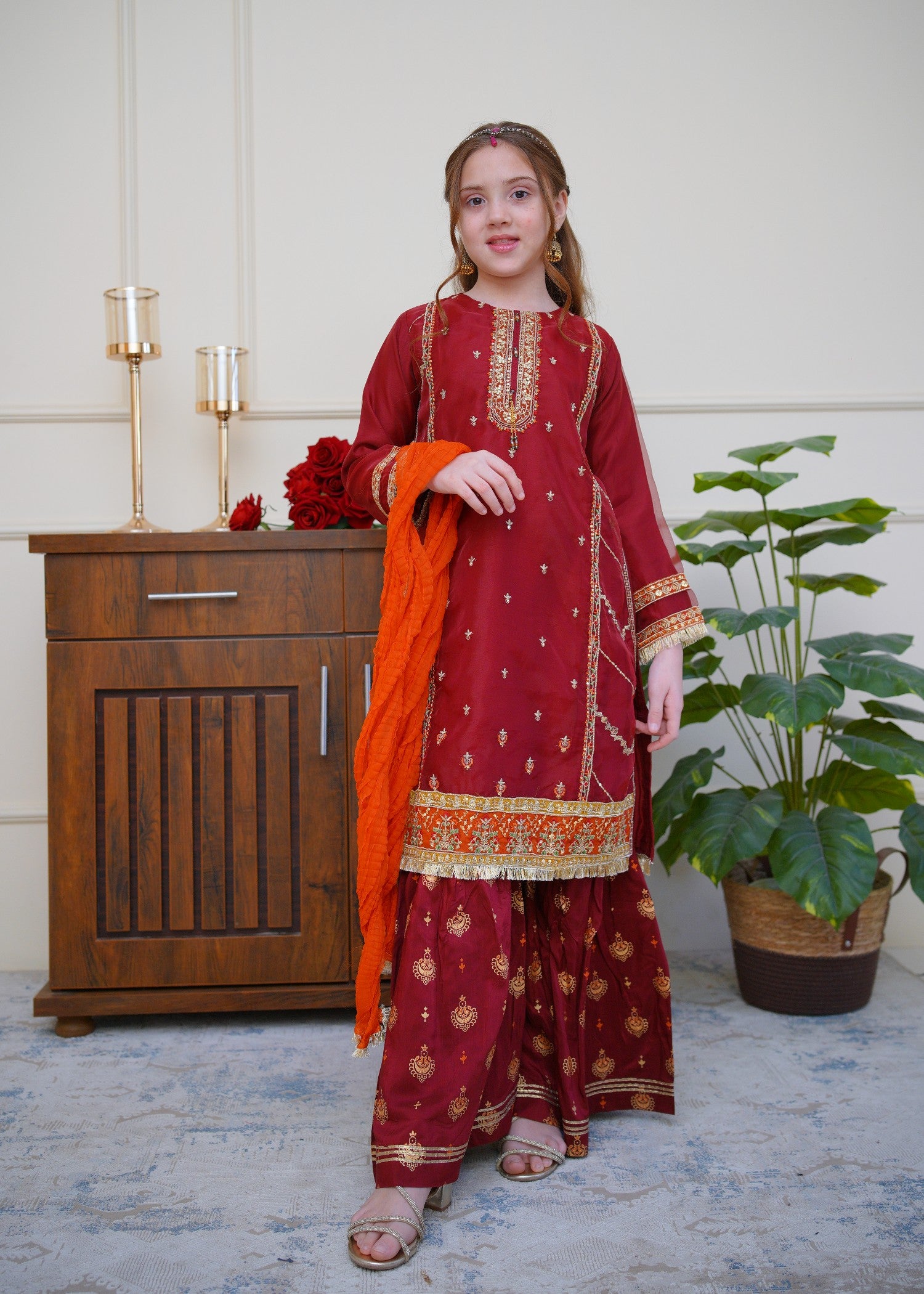 organza Gharara in Deep carmine
