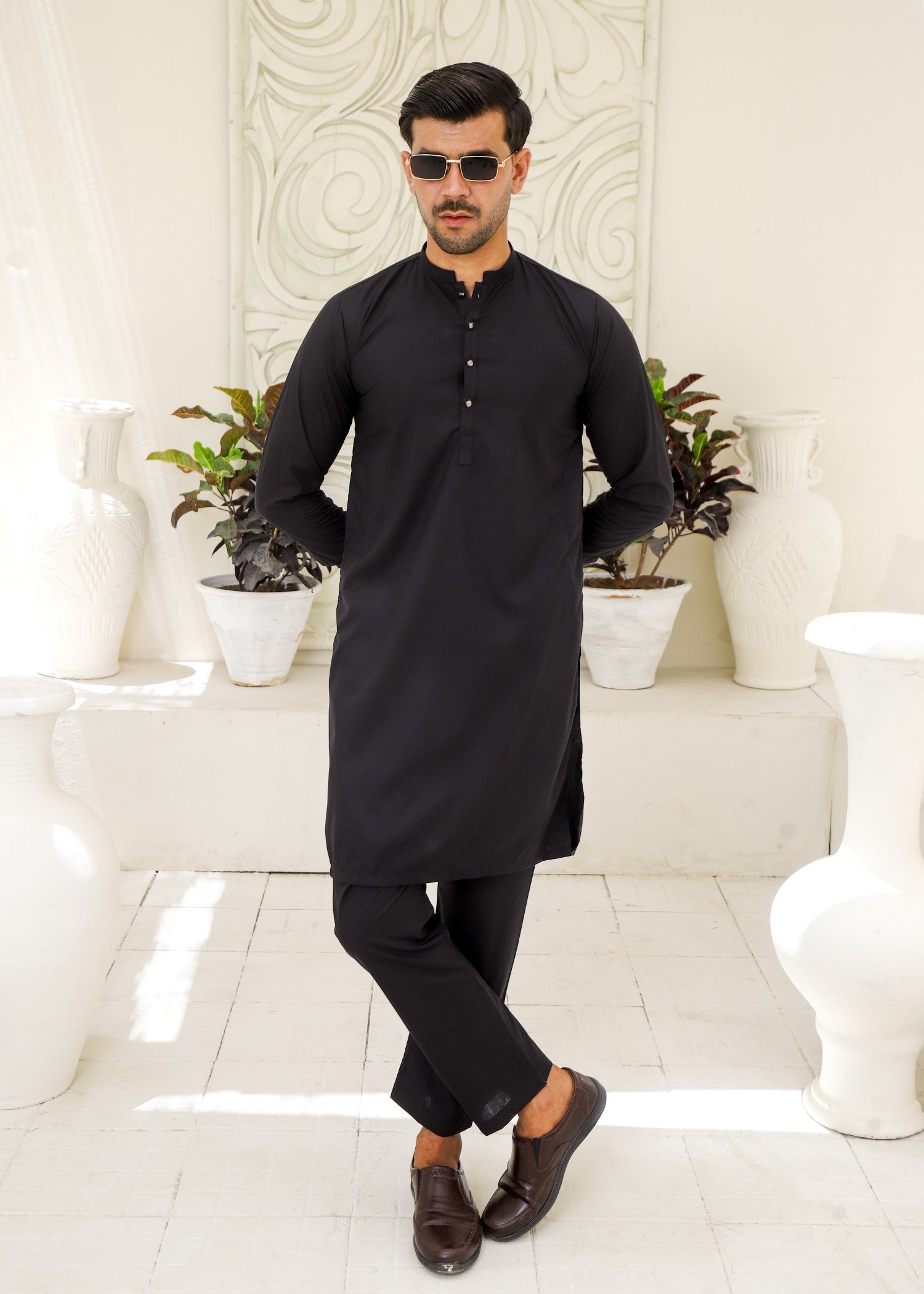 wash & wear Kurta Set in Black by Hassan Jee Men