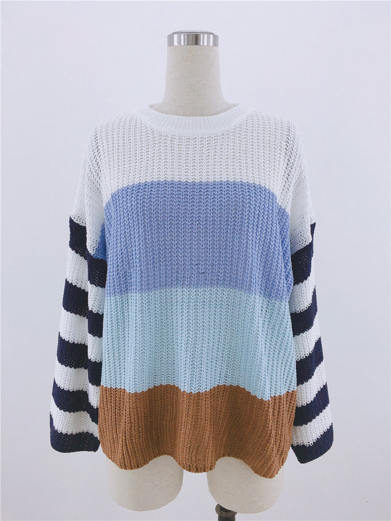 Women's Color Stitching Knit Pullover Loose Sweater