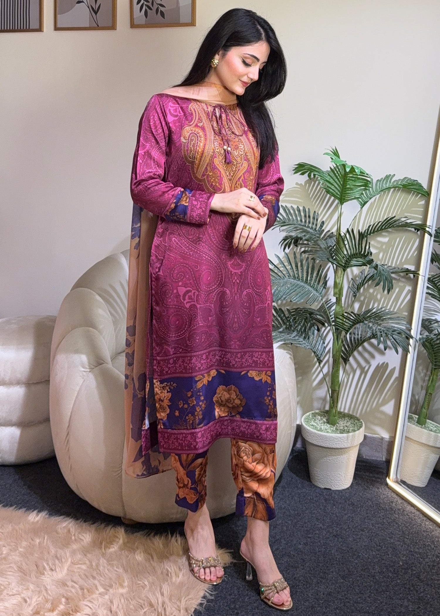 satin silk Kurta Set in Multi