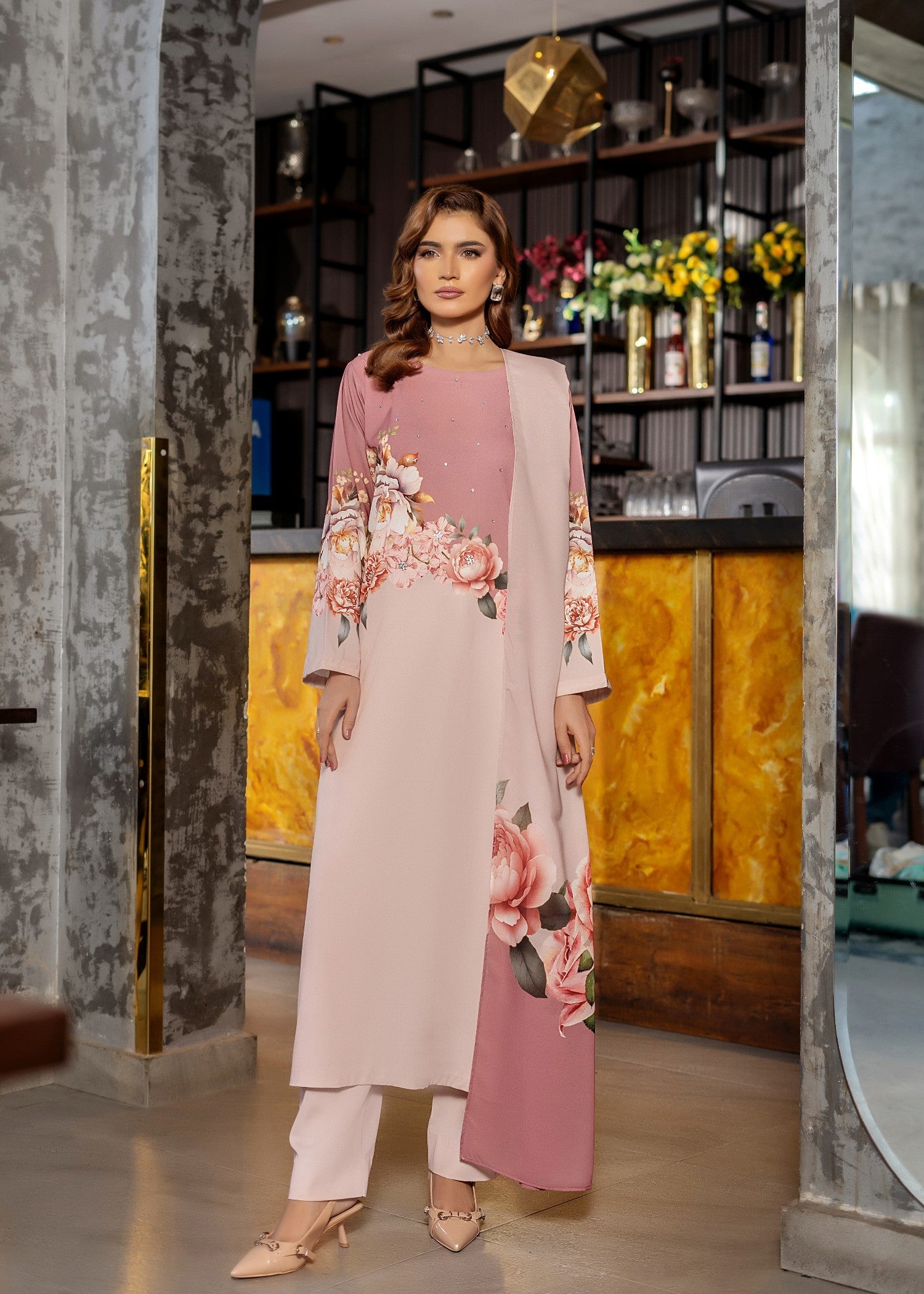 grip Kurta Set in Tea rose pink, peach pink