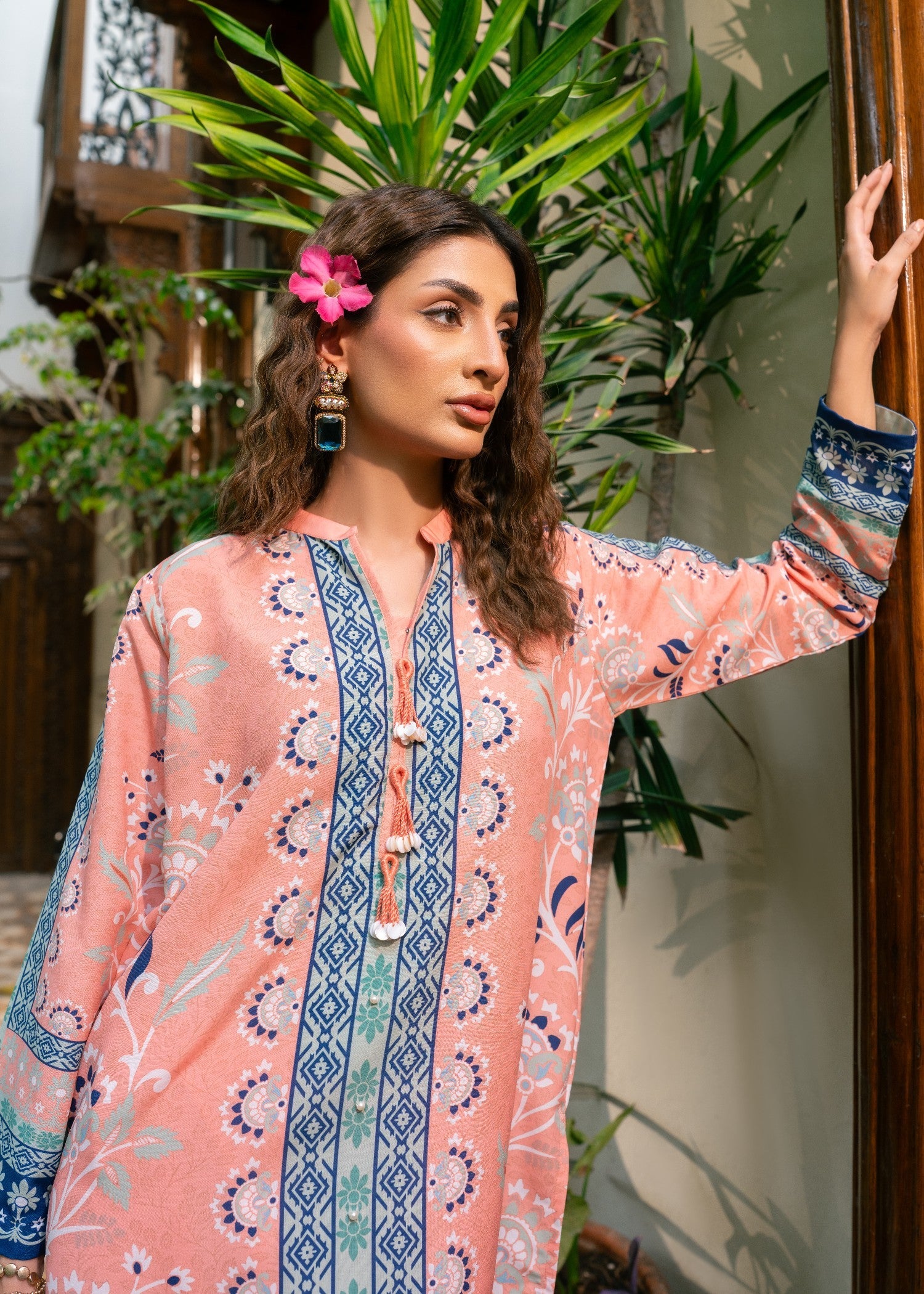 poly lawn Kurta Set in Peach pink