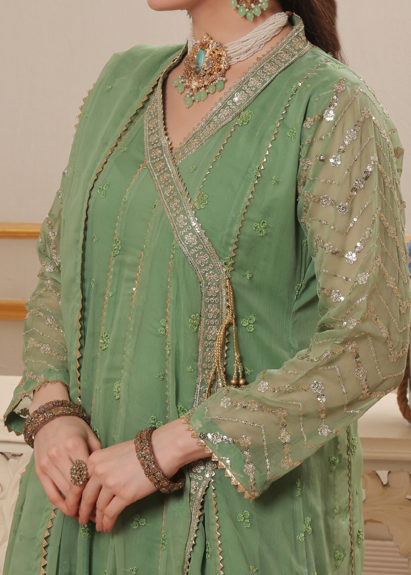 chiffon Angrakha in Pastel green