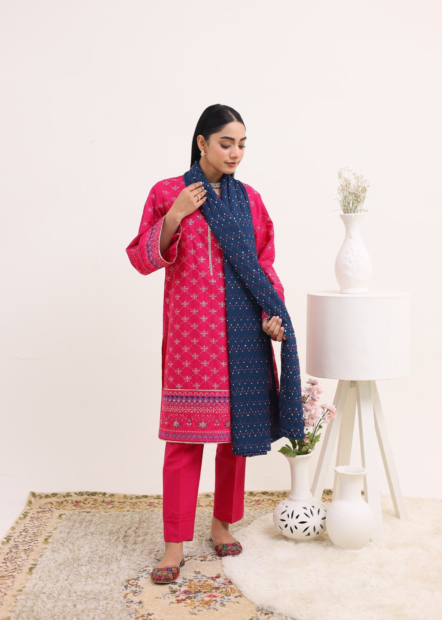 cotton Kurta Set in Deep pink