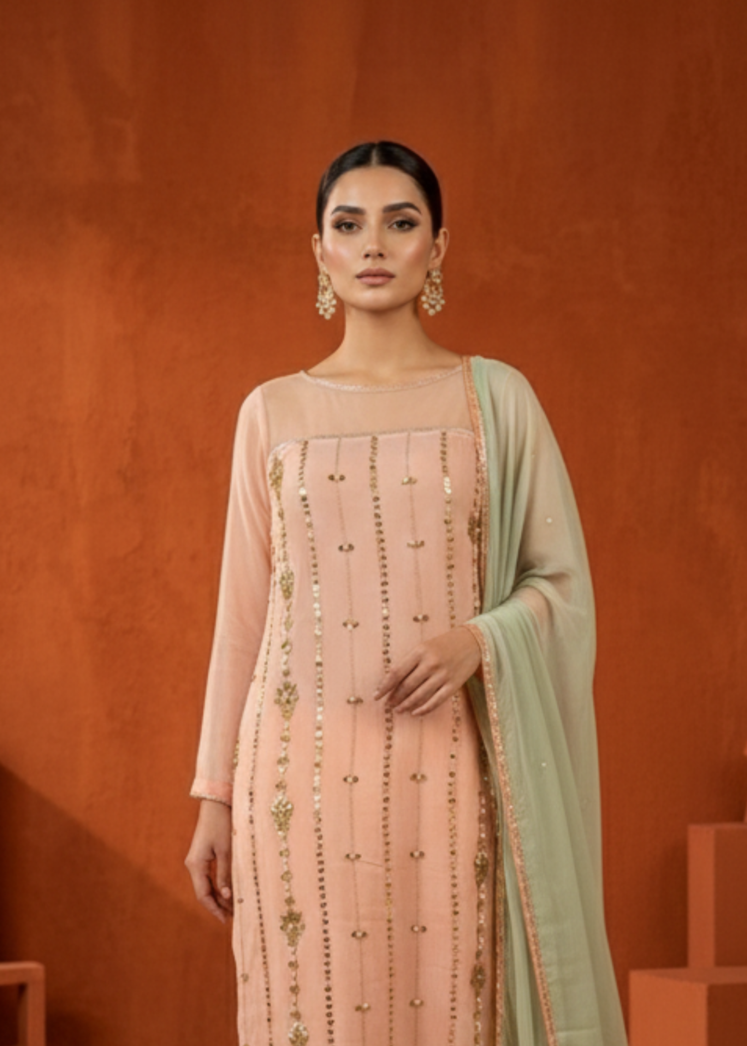 chiffon Kurta Set in Peach pink, pastel green