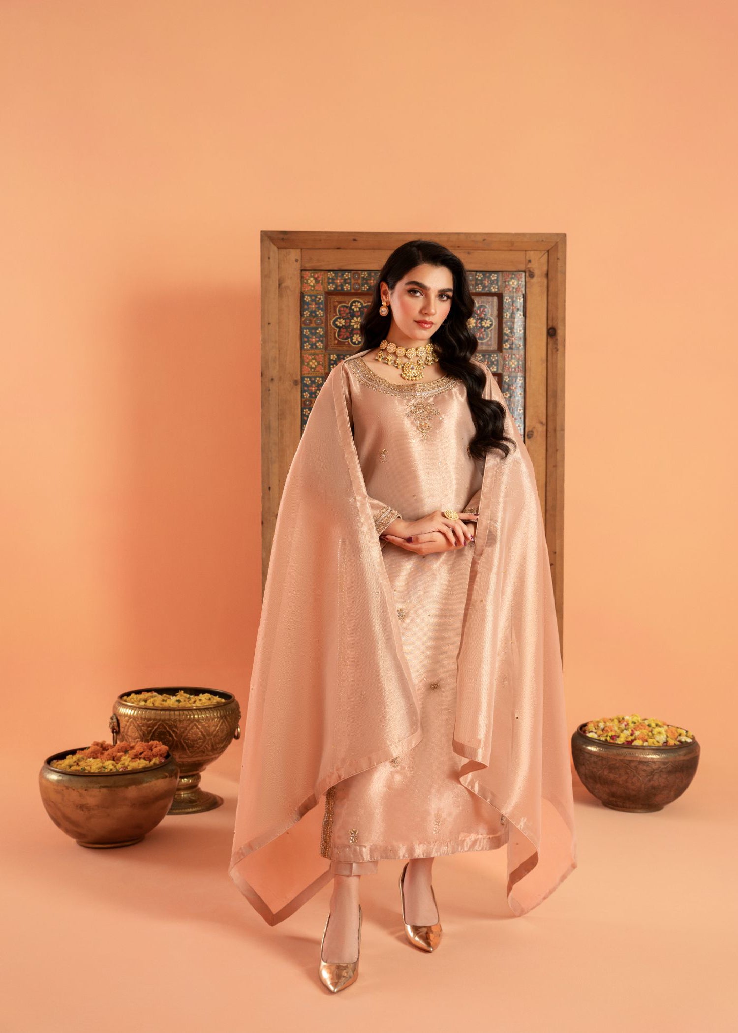 tissue Kurta Set in Pastel pink