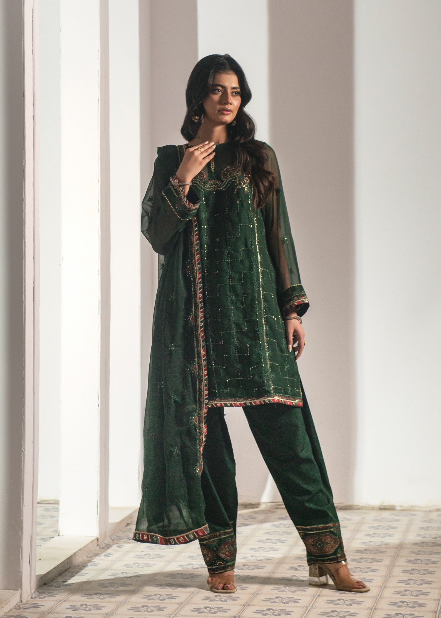 chiffon Kurta Set in Green