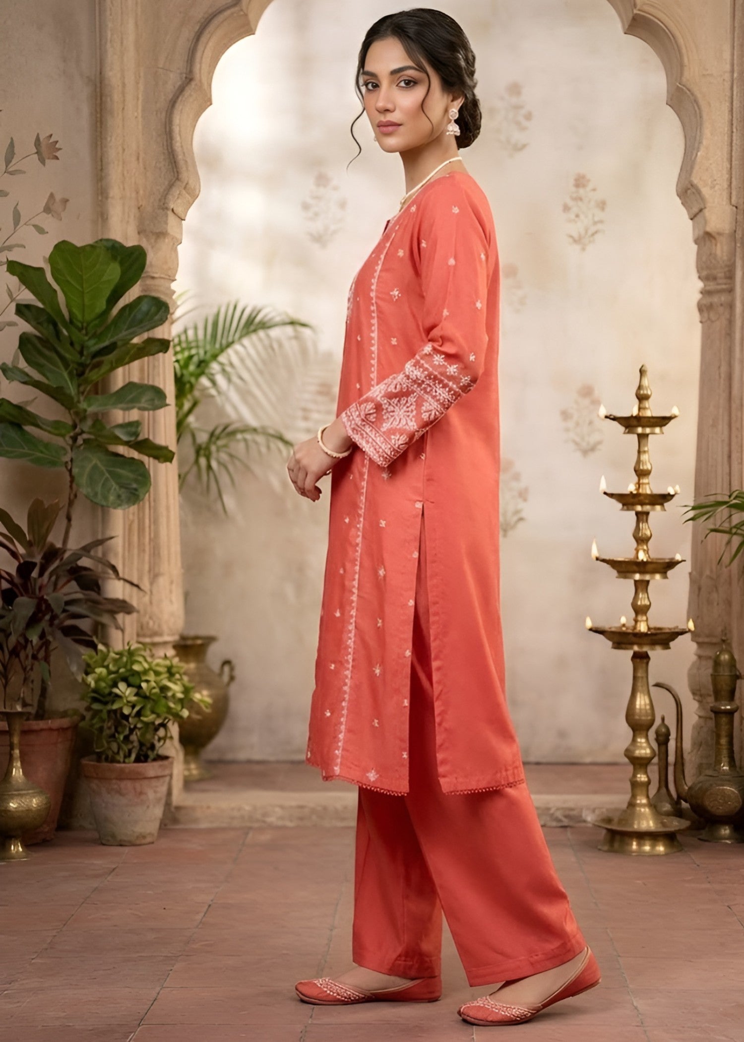 linen Kurta Set in Coral red
