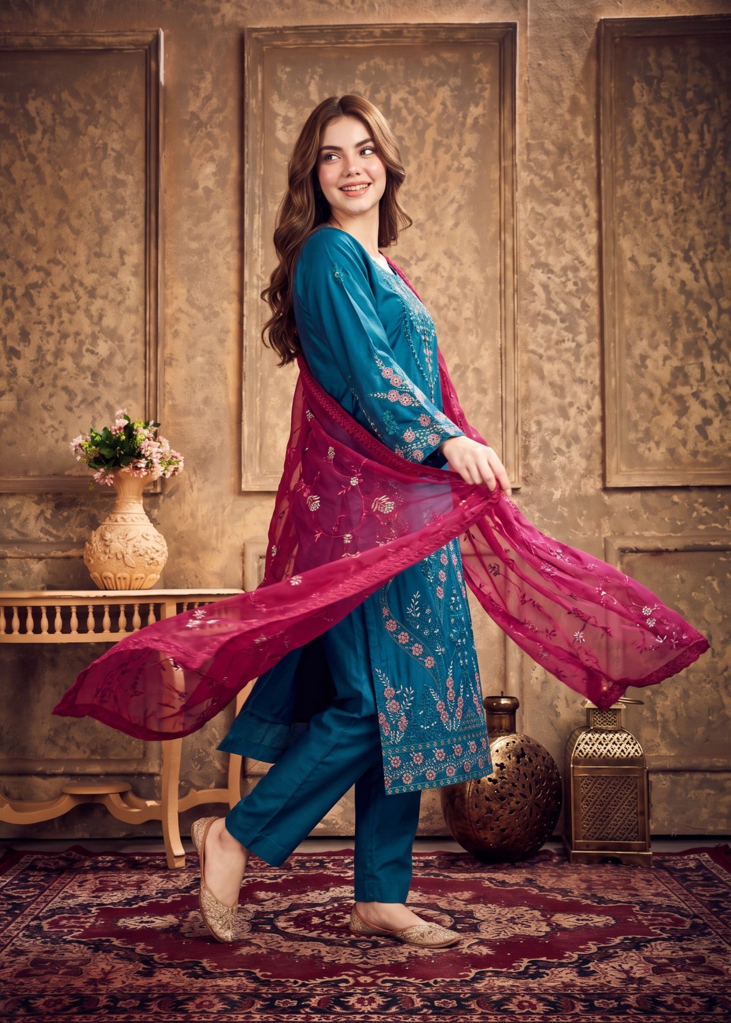 silk Kurta Set in Teal