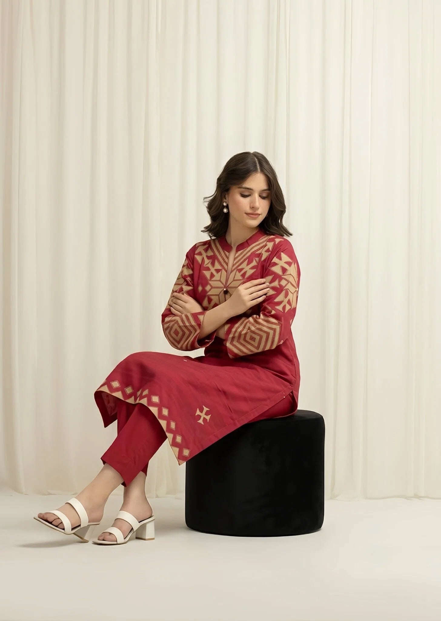 poly lawn Kurta Set in Maroon