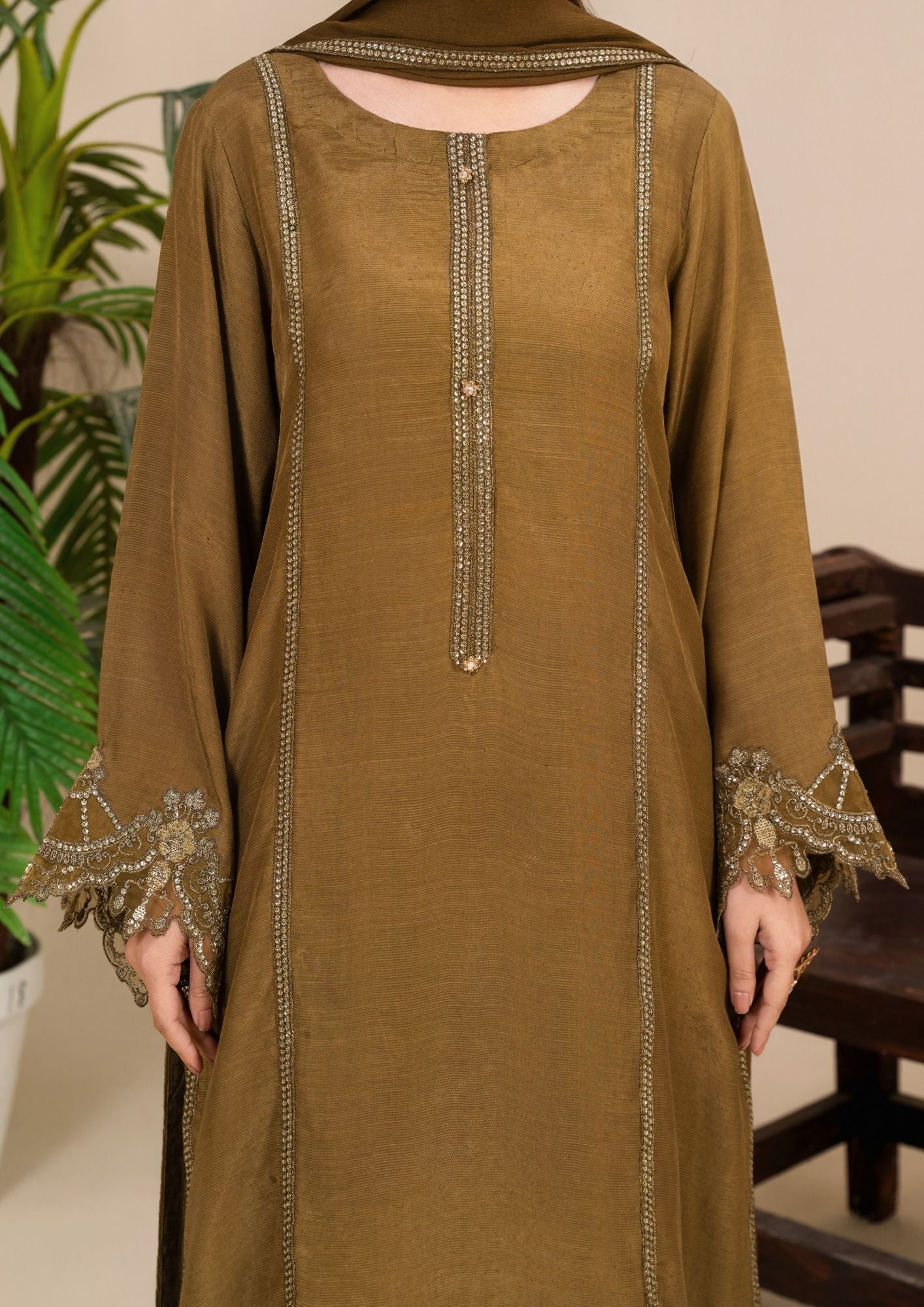viscose raw silk Kurta Set in Golden brown