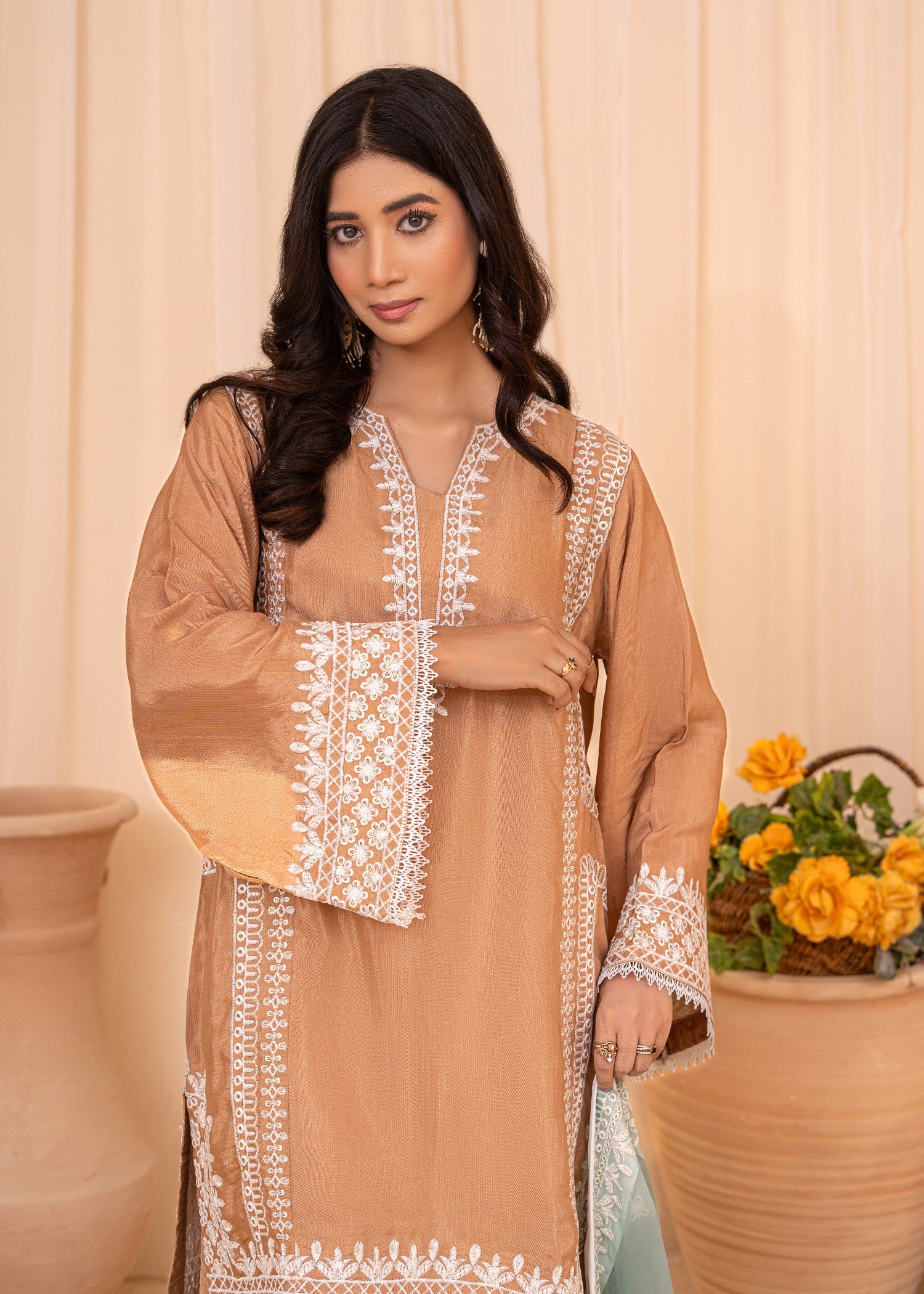 raw silk Kurta Set in Sage green, peach orange