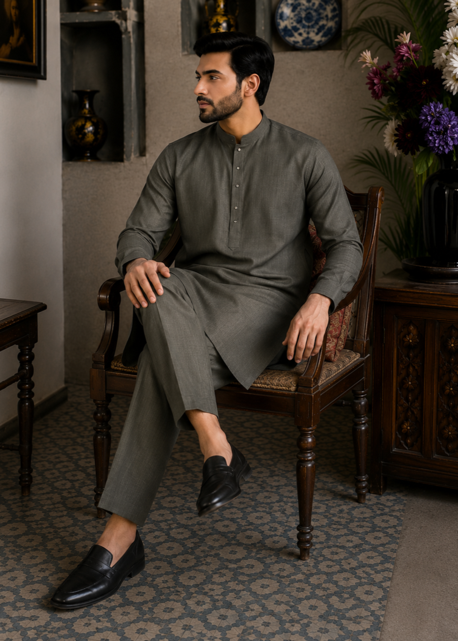 textured wash & wear Kurta Set in Charcoal