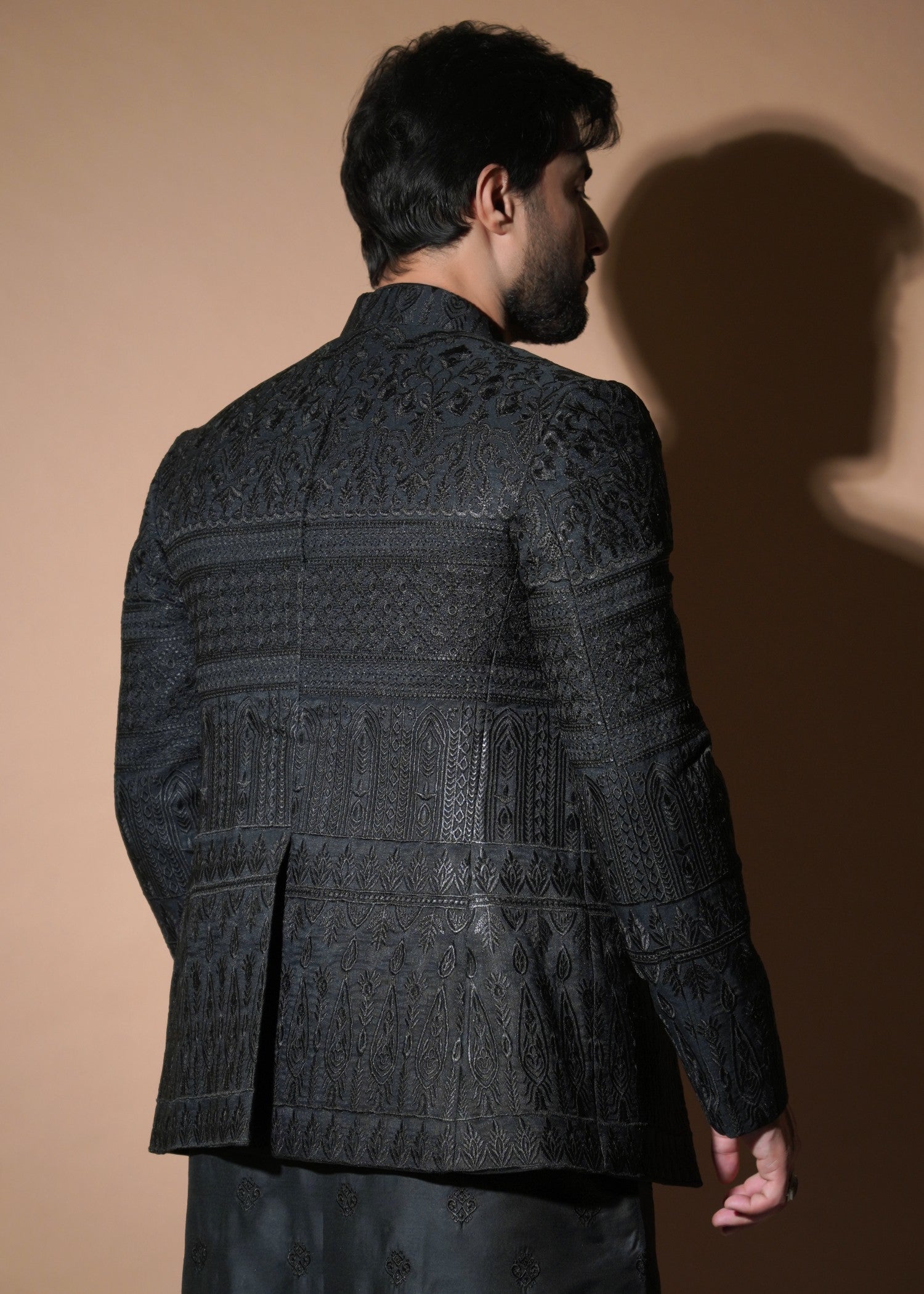 viscose raw silk Prince Coat in Black
