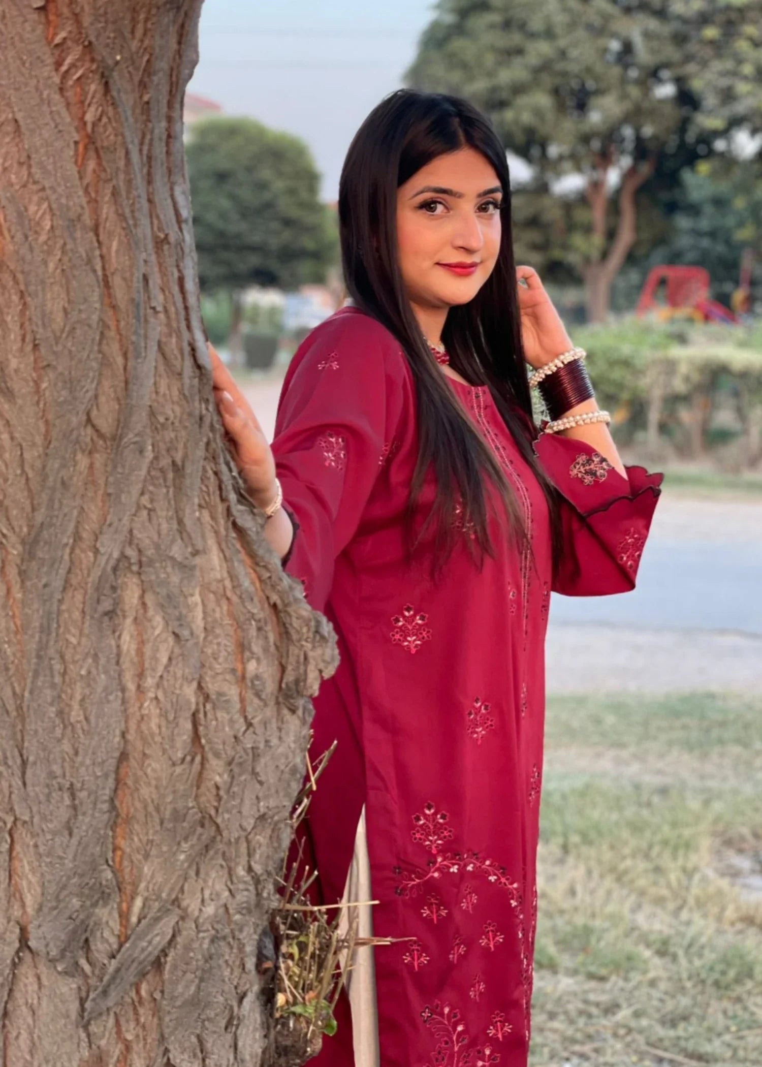 raw silk Kurta Set in Blood red, cream