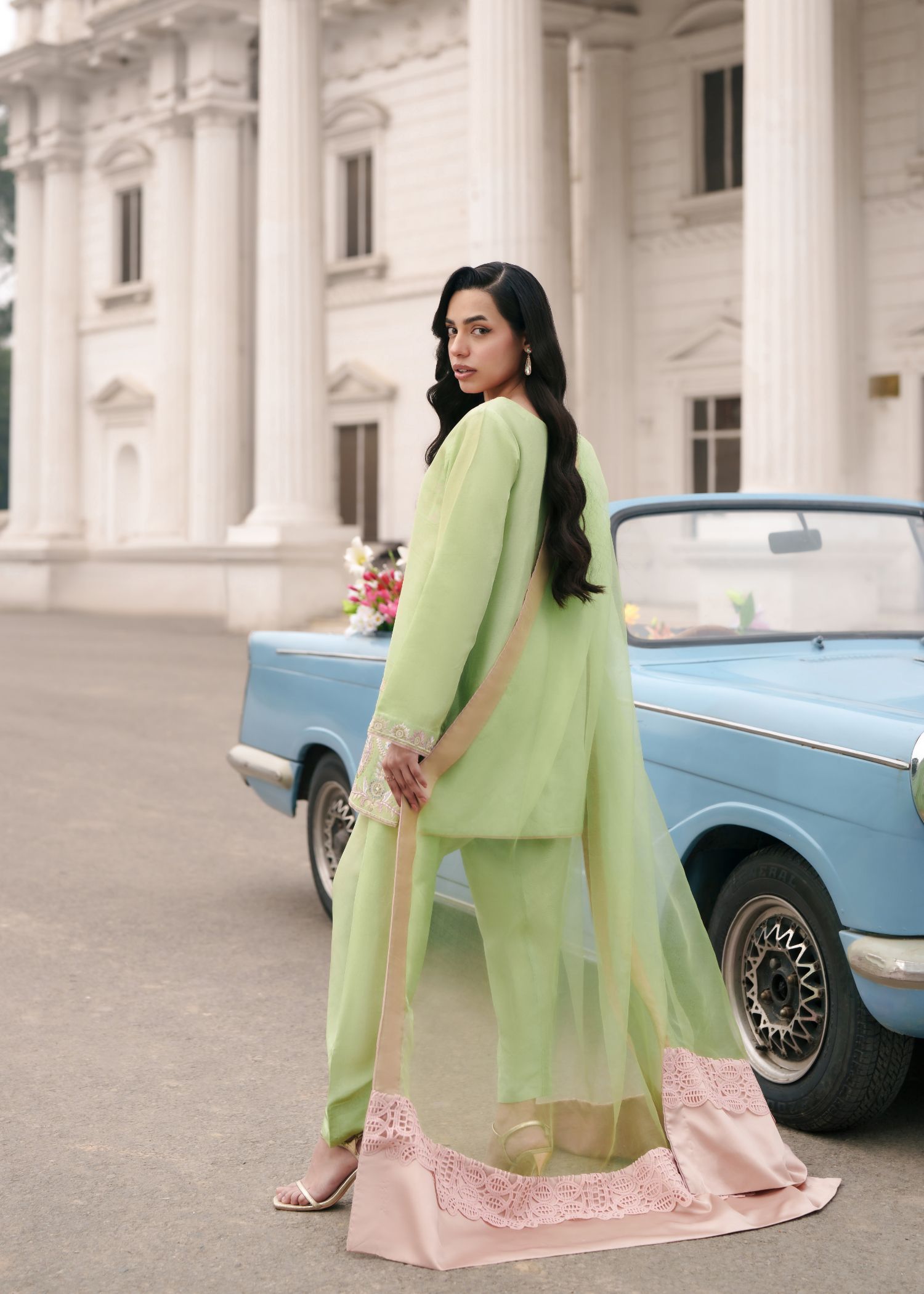 silk tissue Kurta Set in Pistachio green