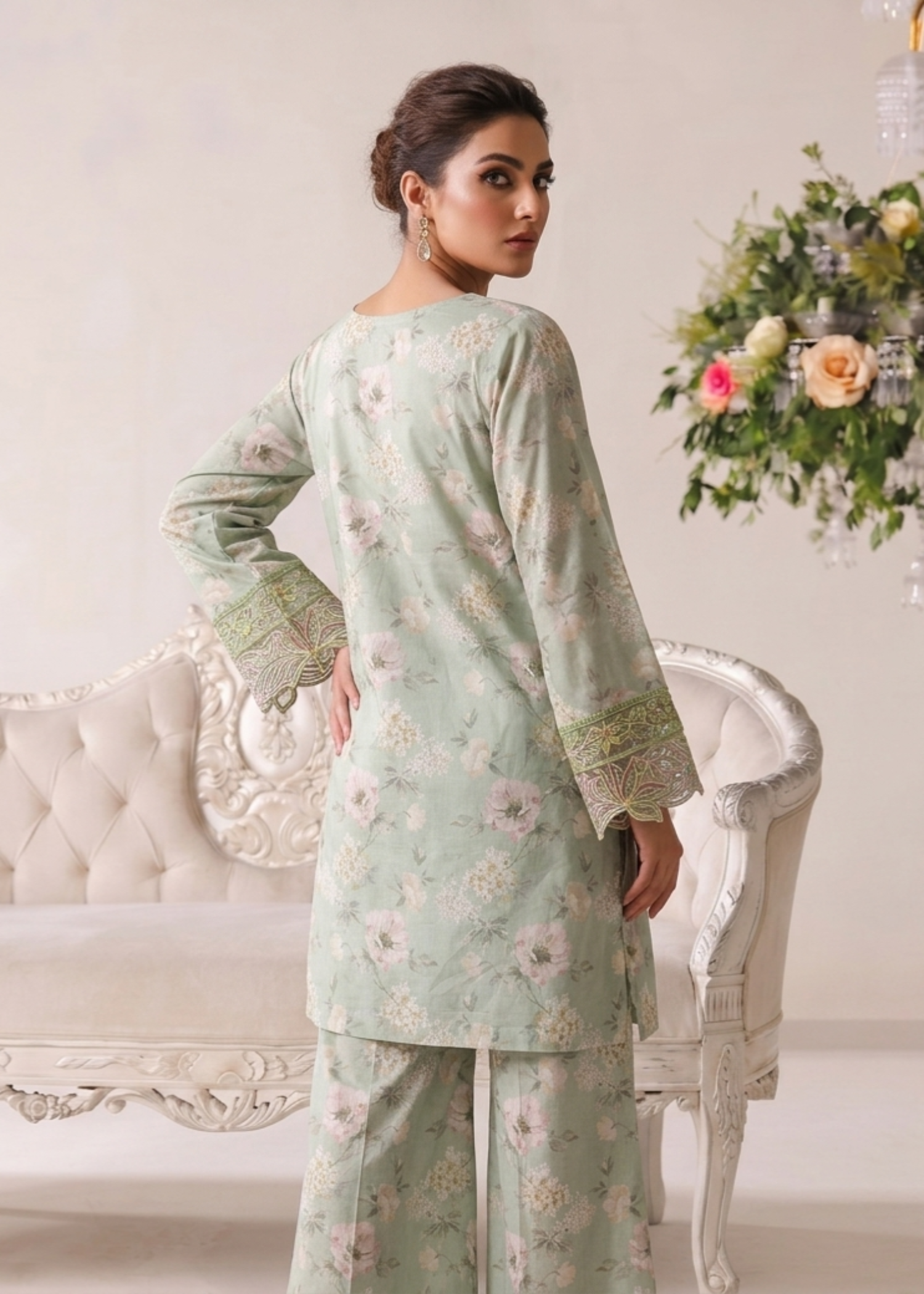 lawn Sharara in Mint green