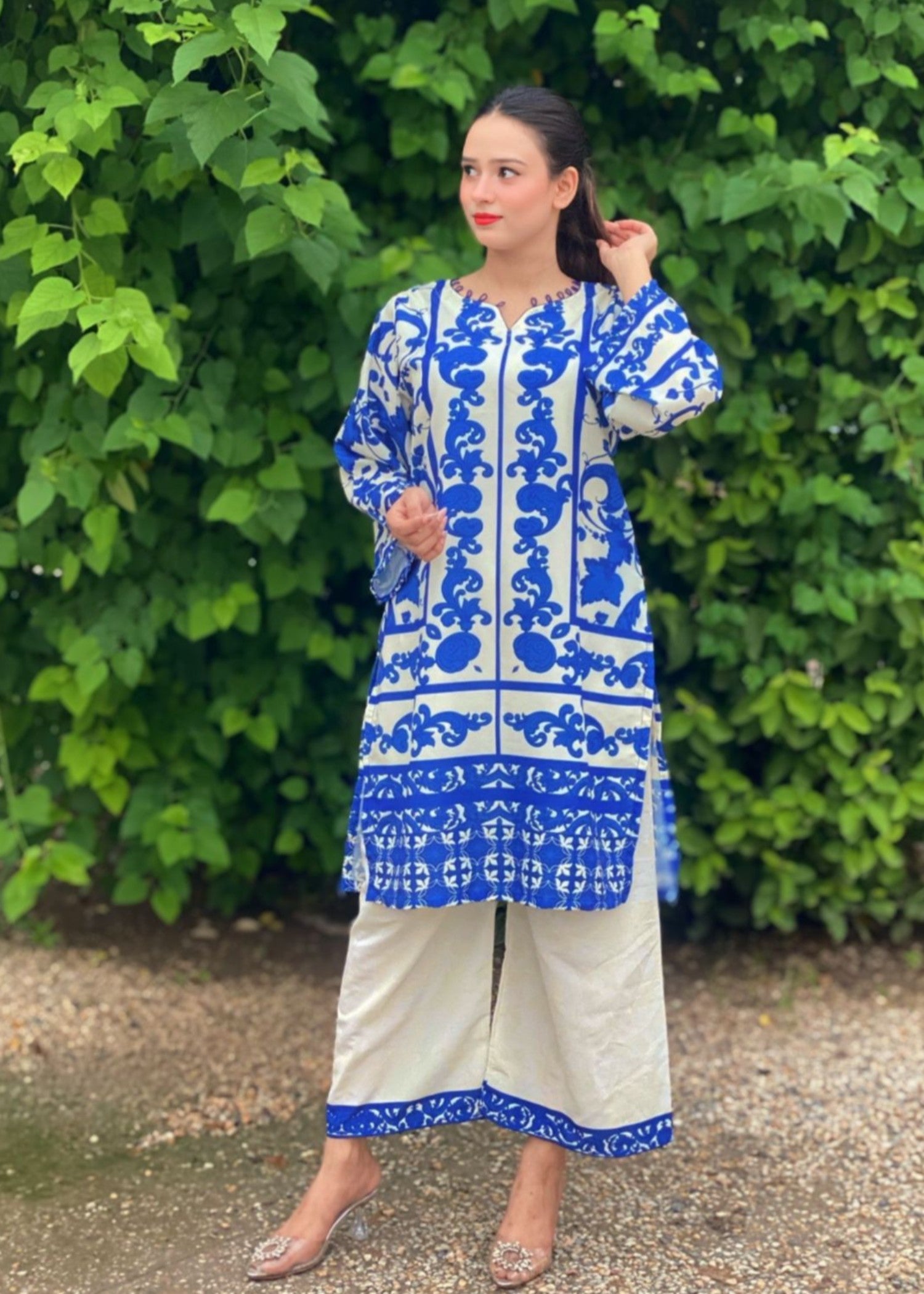 poly lawn Kurta Set in Off-white, blue