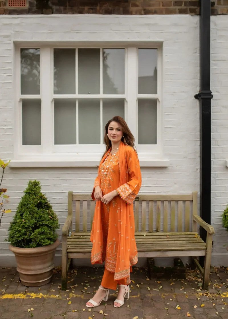 cotton Kurta Set in Carrot orange