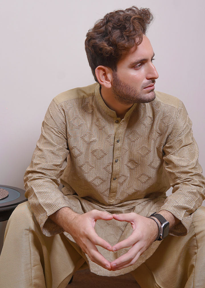 raw silk Shalwar Kameez in Tan brown