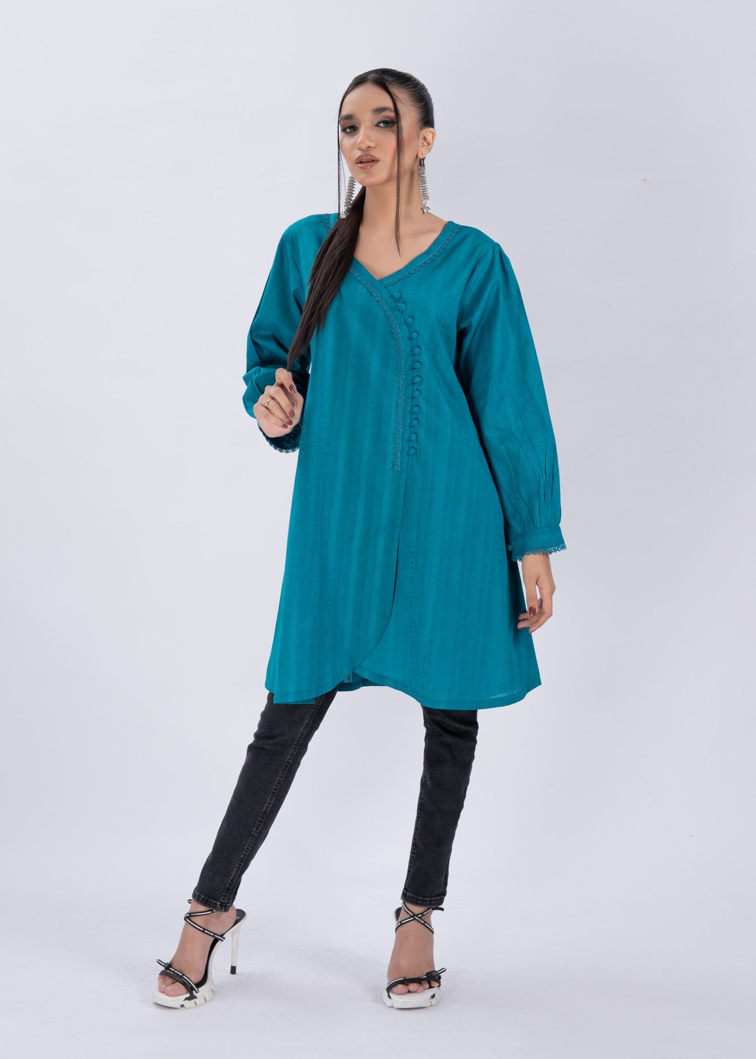 textured lawn Tunic in Bondi blue