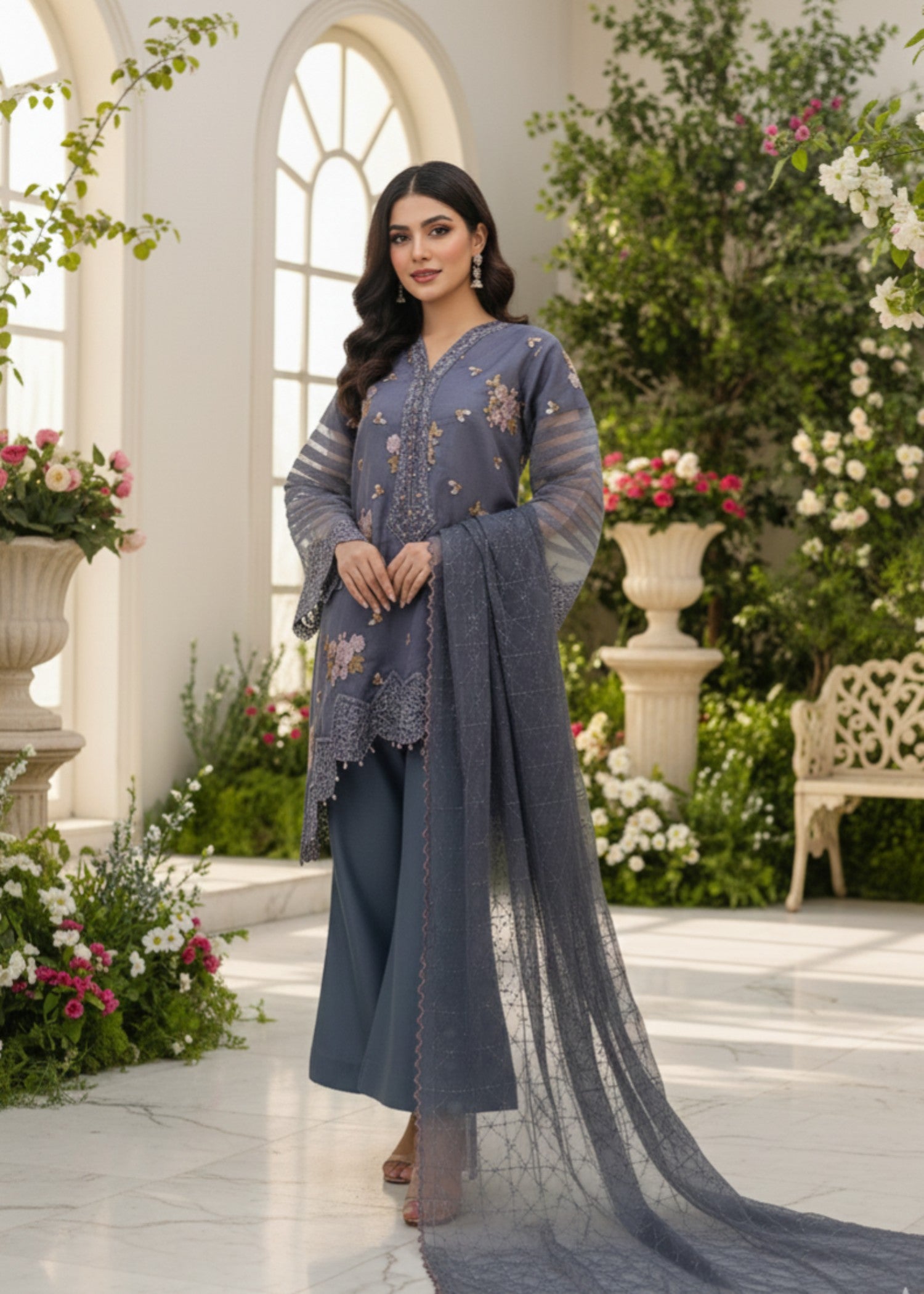 organza net Kurta Set in Purple ash