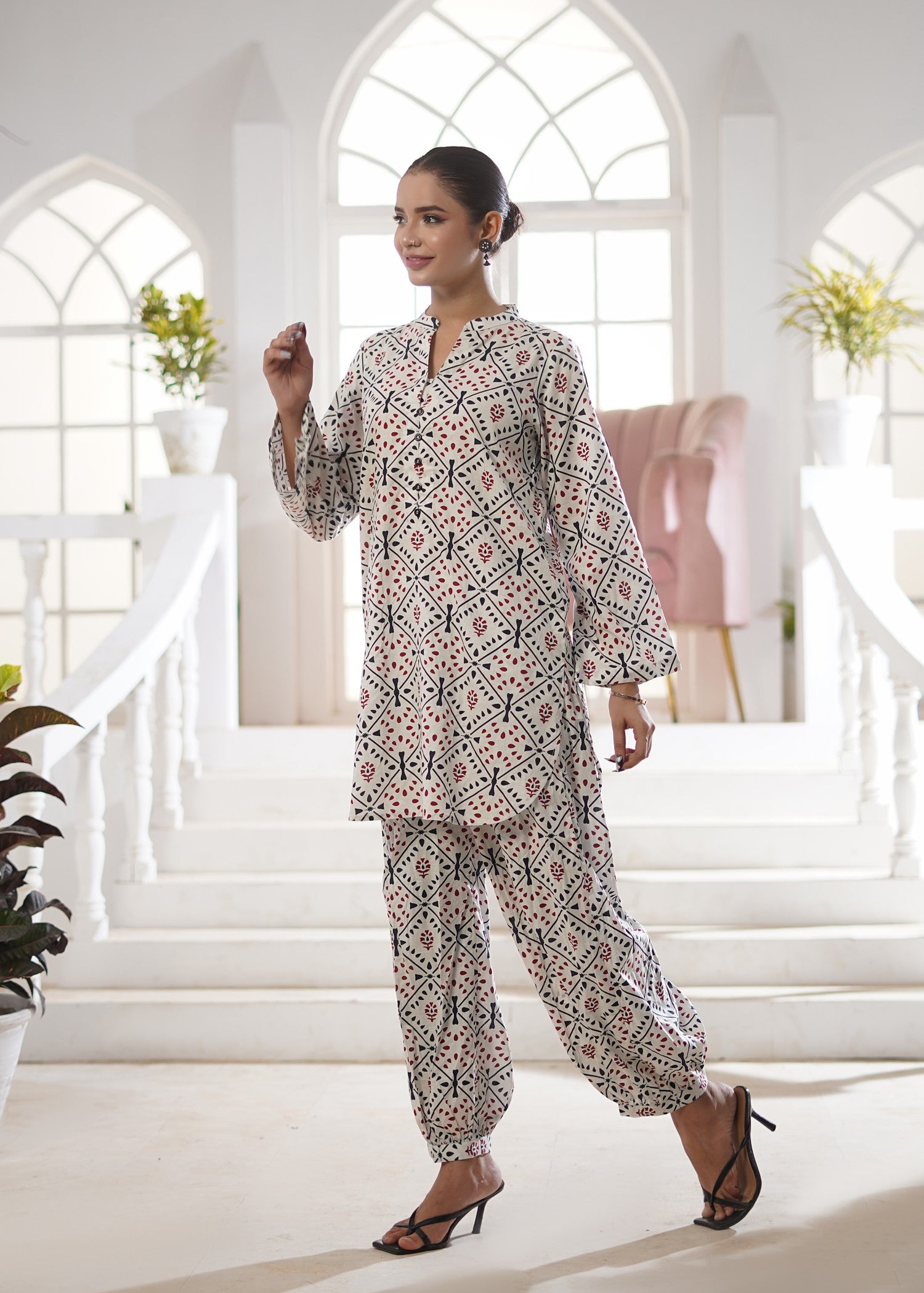 lawn Co Ord Sets in Black, red, off-white