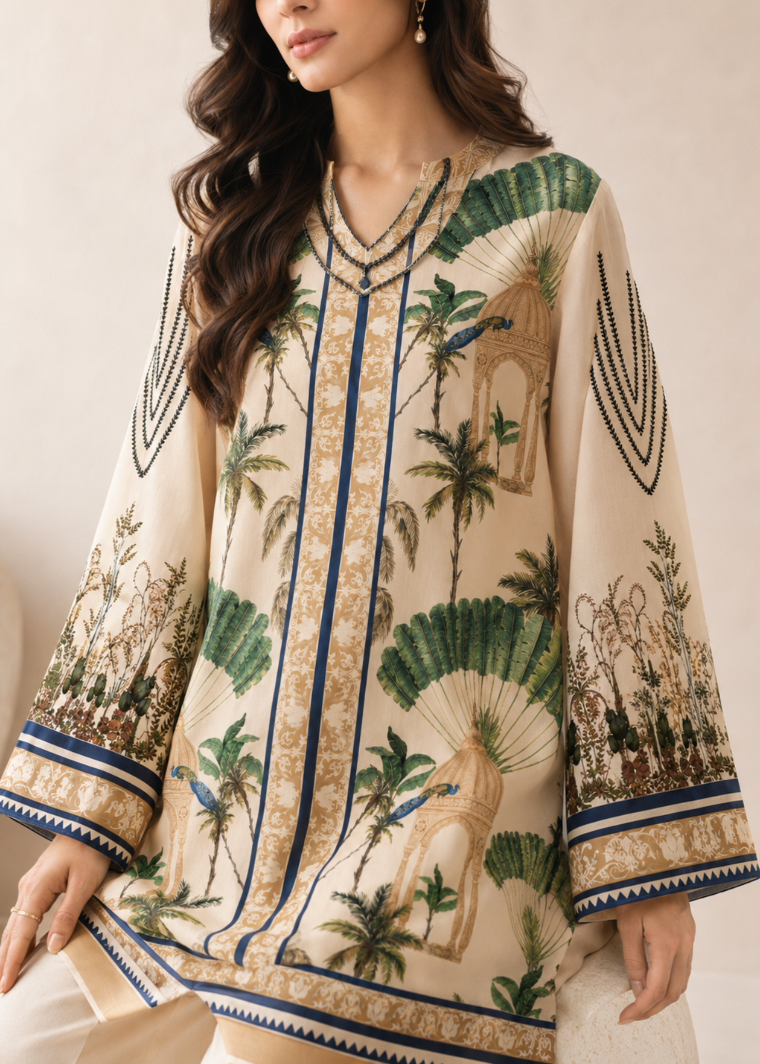 lawn Unstitched in Beige, green