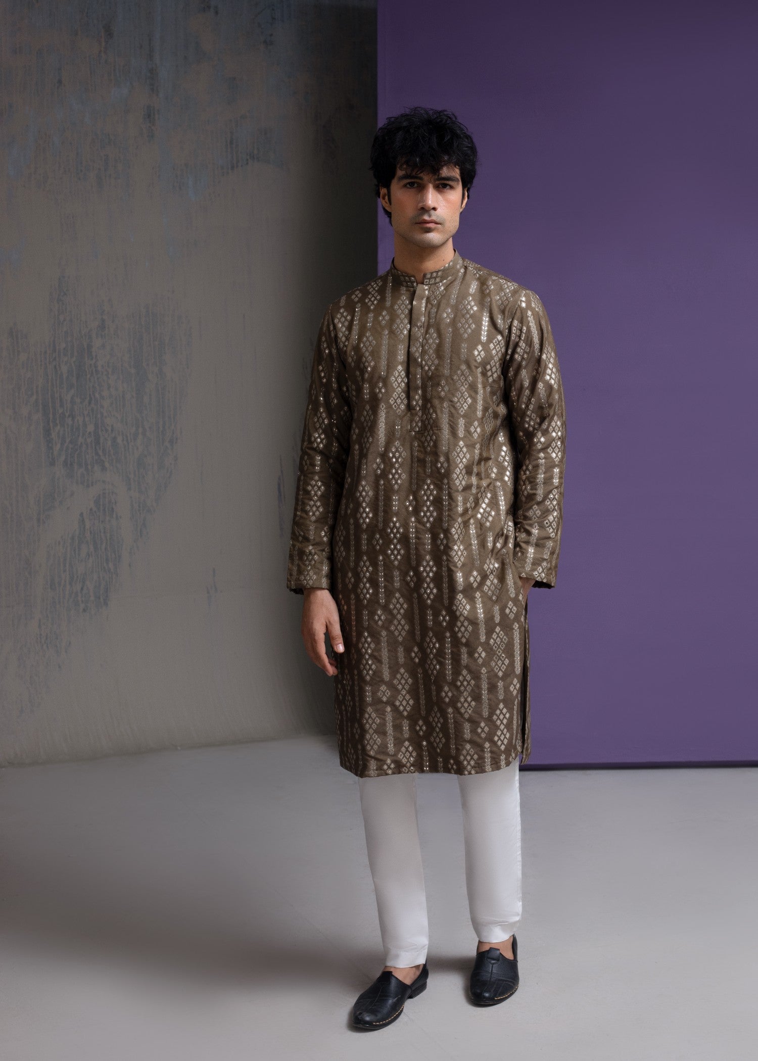 cotton silk Kurta Set in Chocolate brown, gold by House Of Arsalan Iqbal