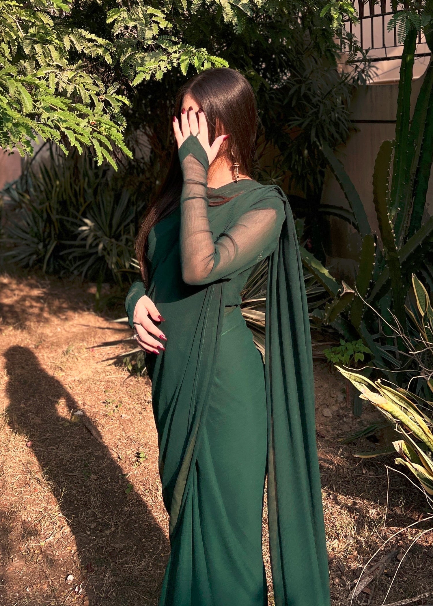 chiffon Saree in Bottle green