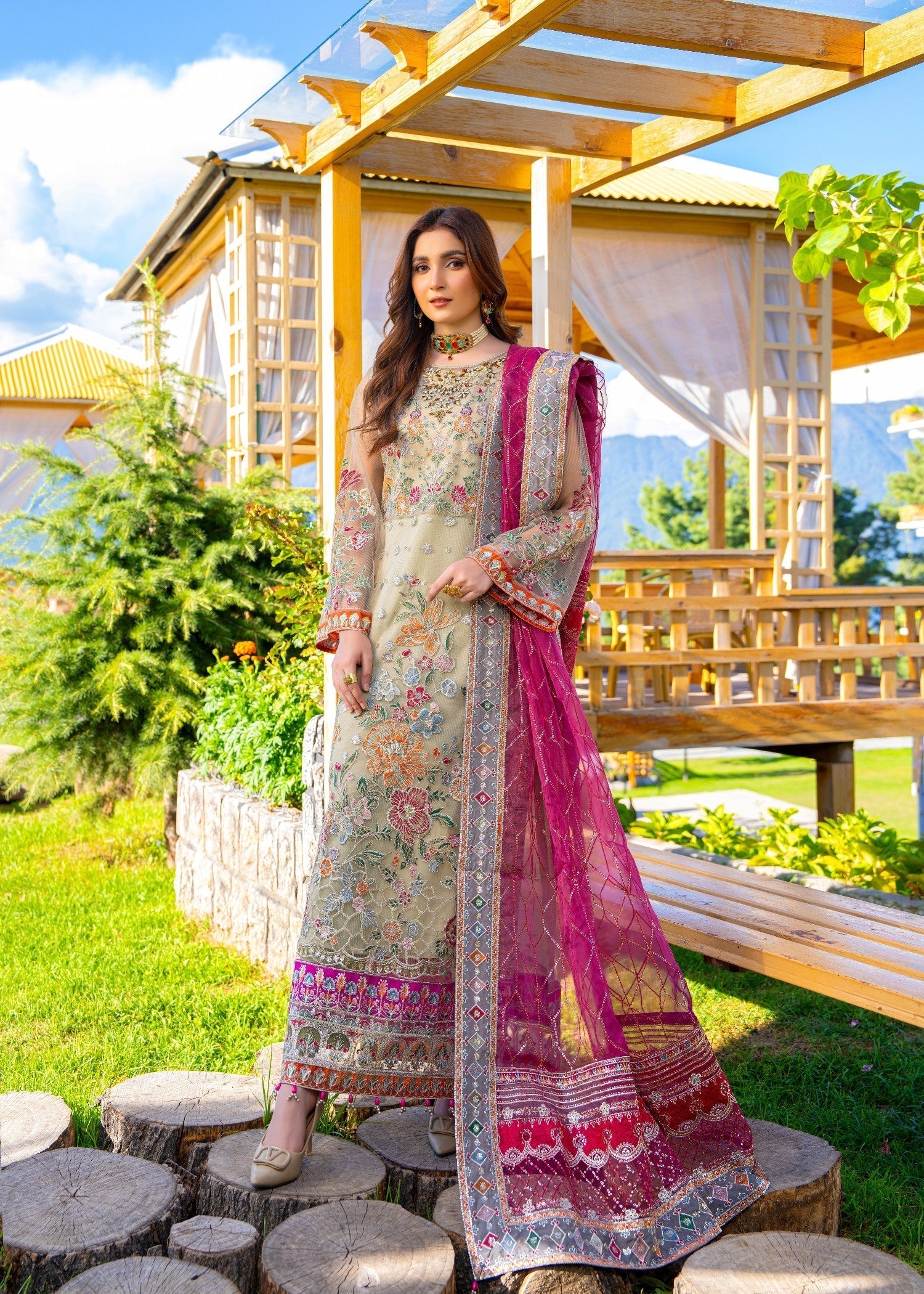 net Kurta Set in Sage green